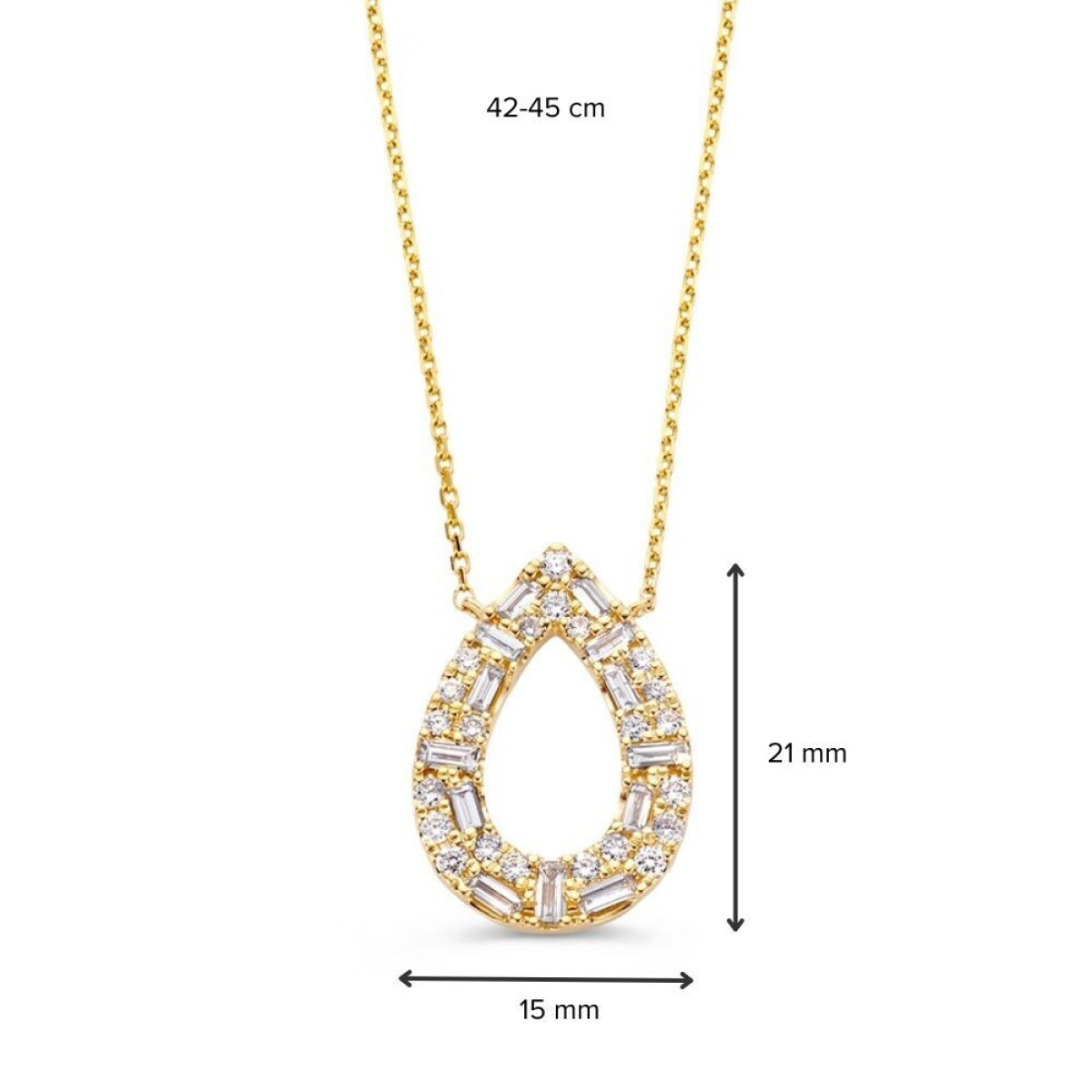 Gouden ketting druppel hanger diamanten briljant en baguette 0.81 crt - Lengte 42,45 cm