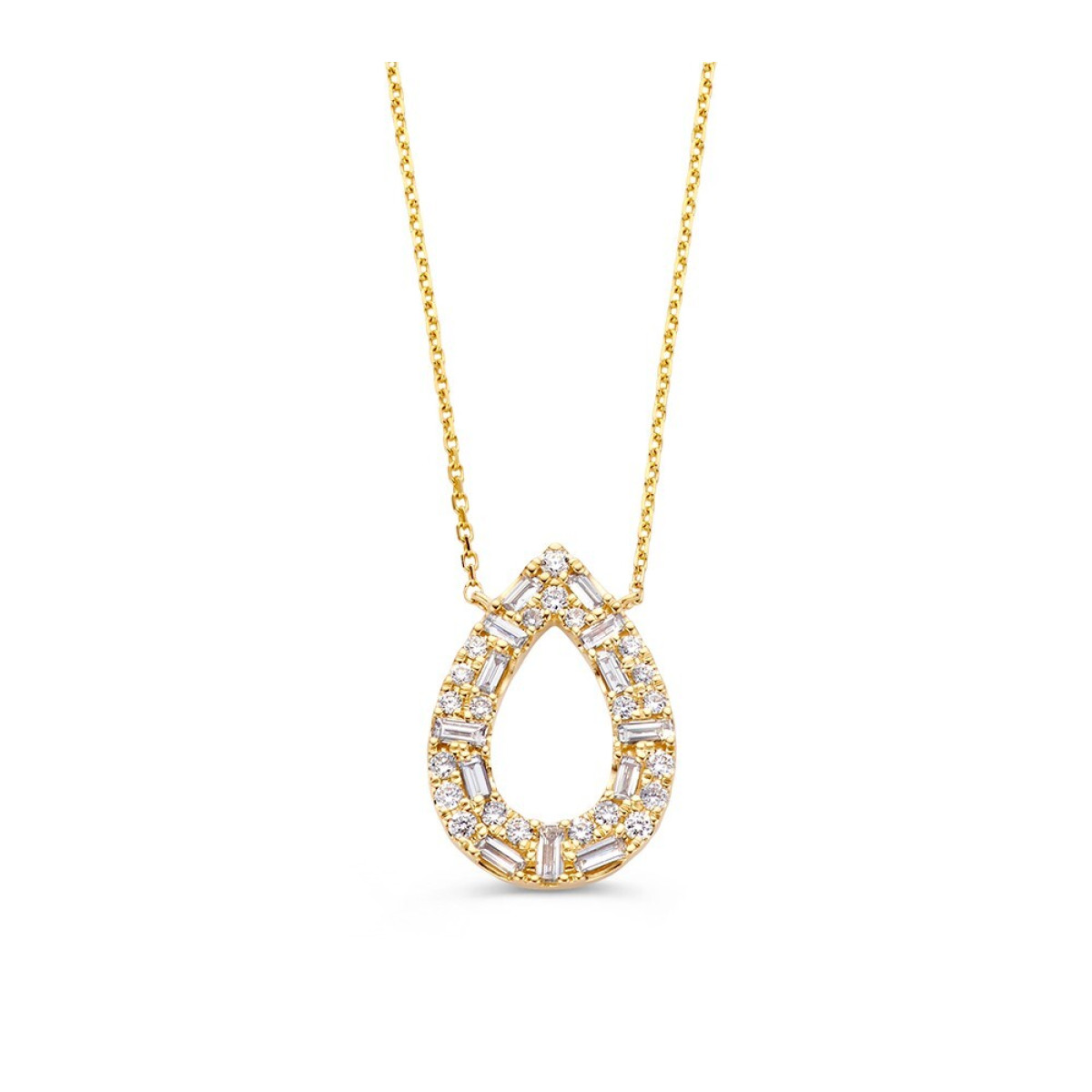 Gouden ketting druppel hanger diamanten briljant en baguette 0.81 crt - Lengte 42,45 cm