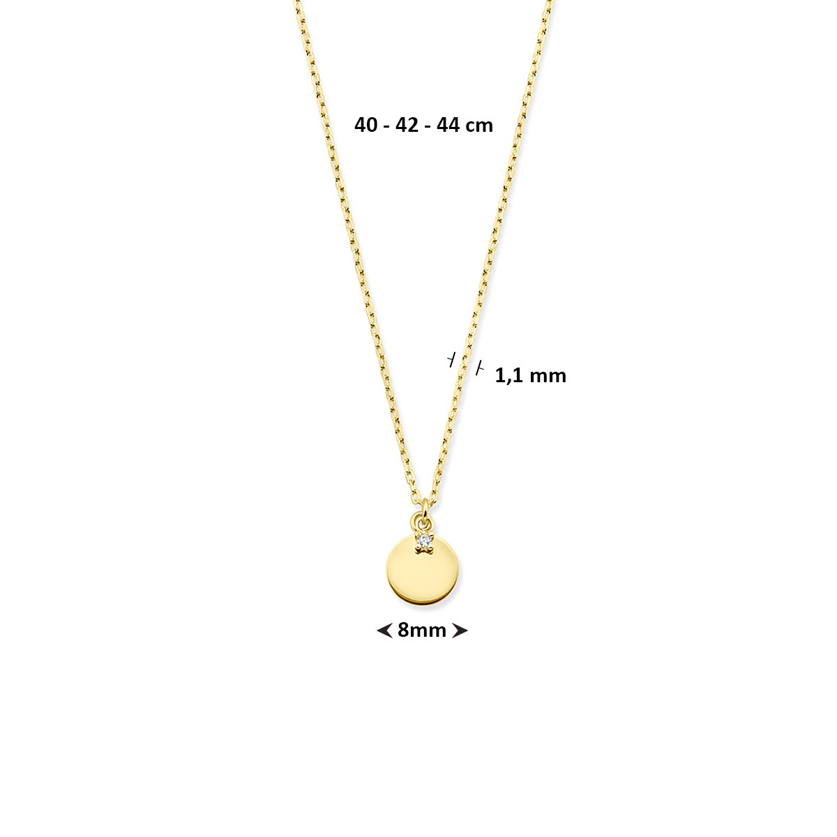 Gouden ketting met anker schakels en  ronde en zirkonia hanger - Lengte 40-42-44 cm