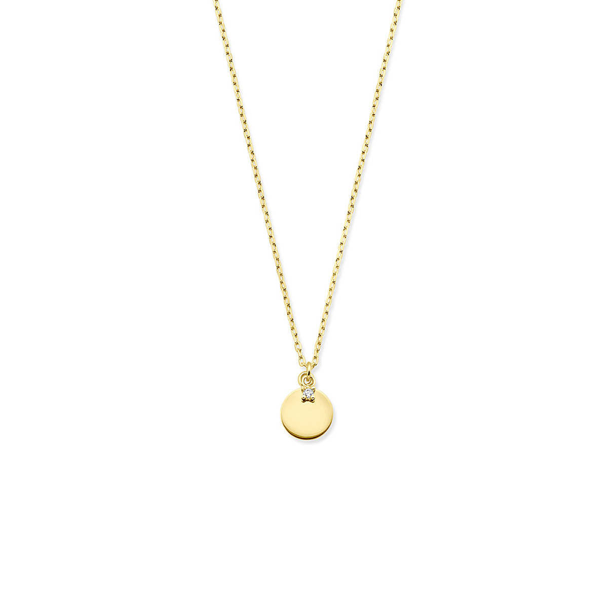 Gouden ketting met anker schakels en  ronde en zirkonia hanger - Lengte 40-42-44 cm