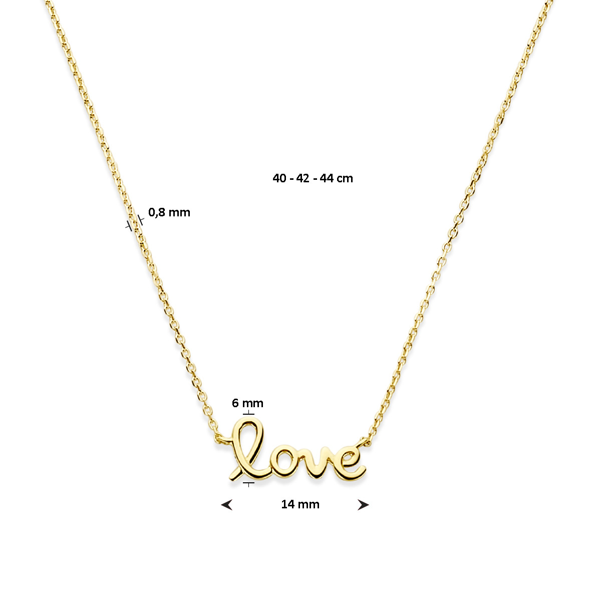 Gouden ketting met de tekst LOVE - Lengte 40-42-44 cm