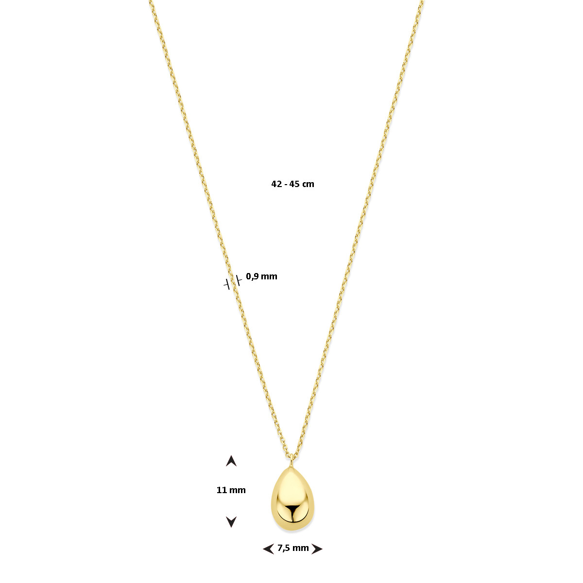 Gouden ketting met een glanzende druppel hanger 7.5 mm x 11 mm - Lengte 42 cm, 45 cm