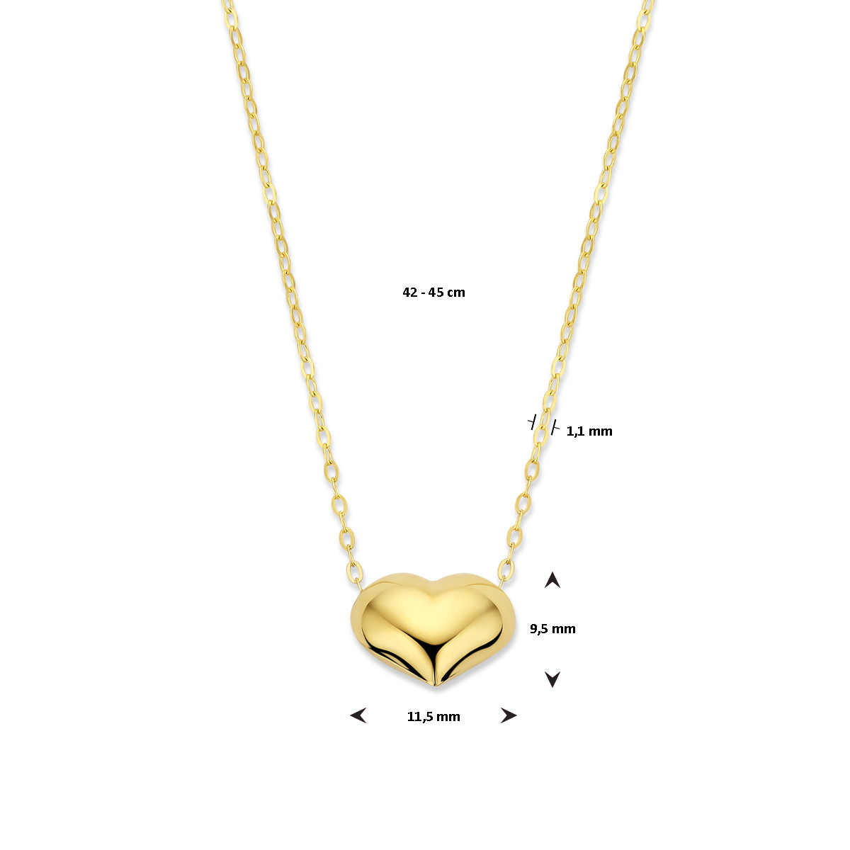 Gouden ketting met glanzend hartje 11.5 mm x 9.5 mm - Lengte 42 cm, 45 cm