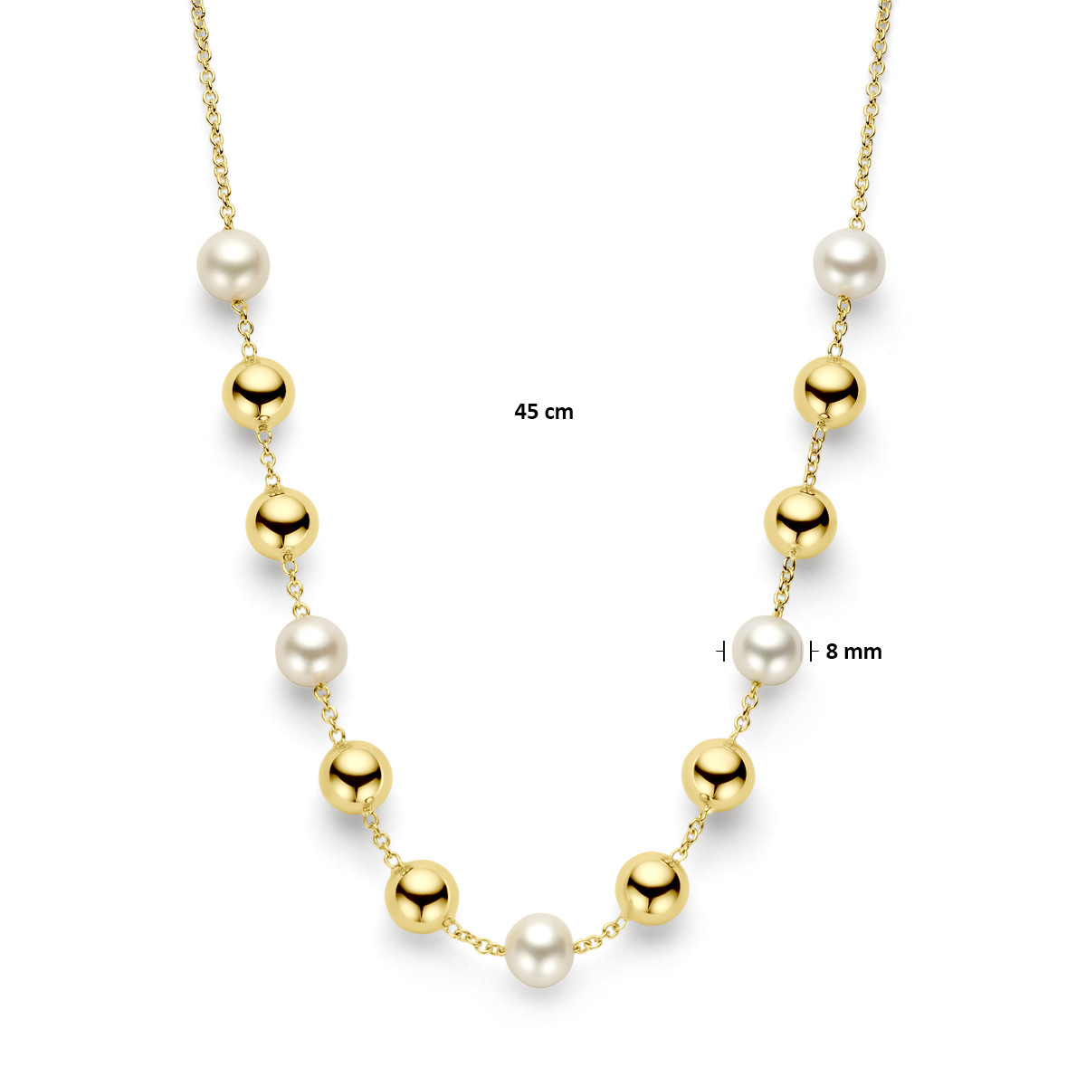 Gouden ketting met glanzende bolletjes en witte zoetwaterparels - Lengte 45 cm