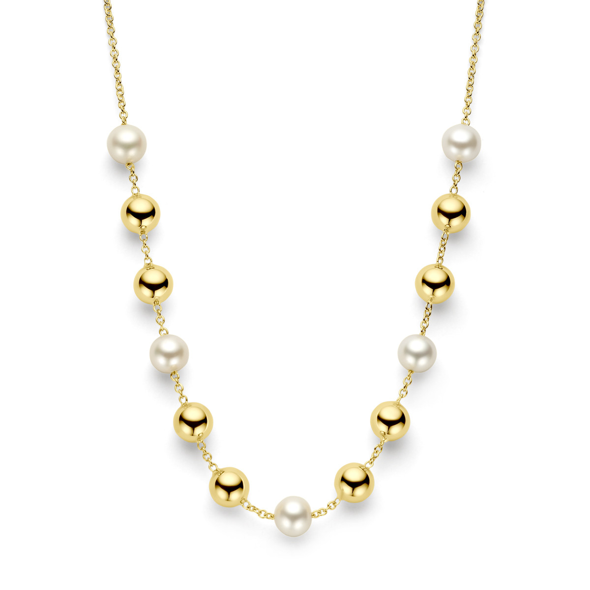 Gouden ketting met glanzende bolletjes en witte zoetwaterparels - Lengte 45 cm