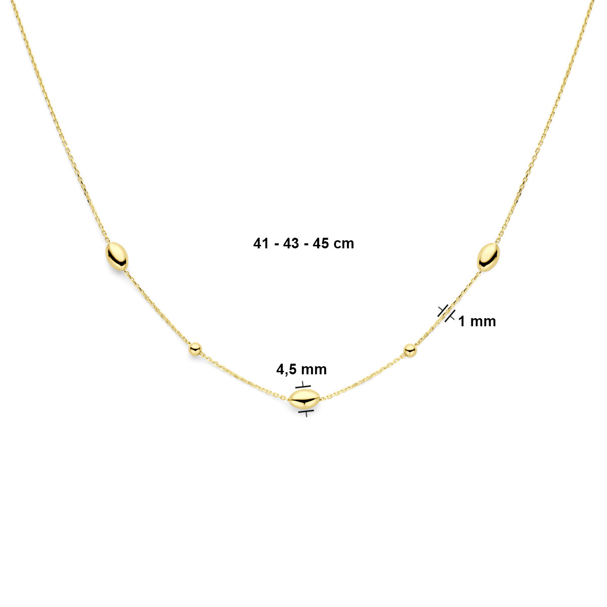 Gouden ketting met glanzende ovaaltjes en bolletjes - Lengte 41 cm, 43 cm, 45 cm
