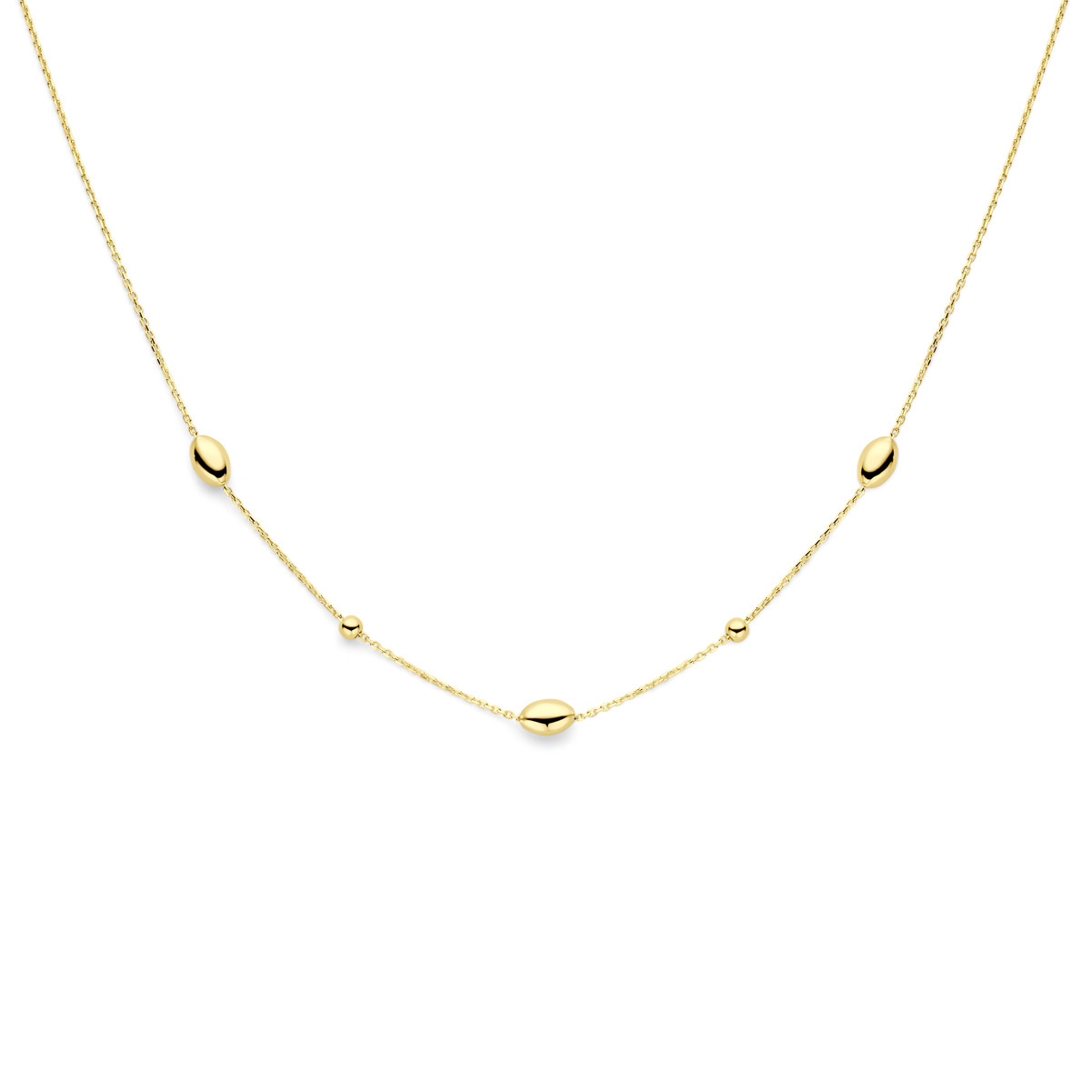Gouden ketting met glanzende ovaaltjes en bolletjes - Lengte 41 cm, 43 cm, 45 cm