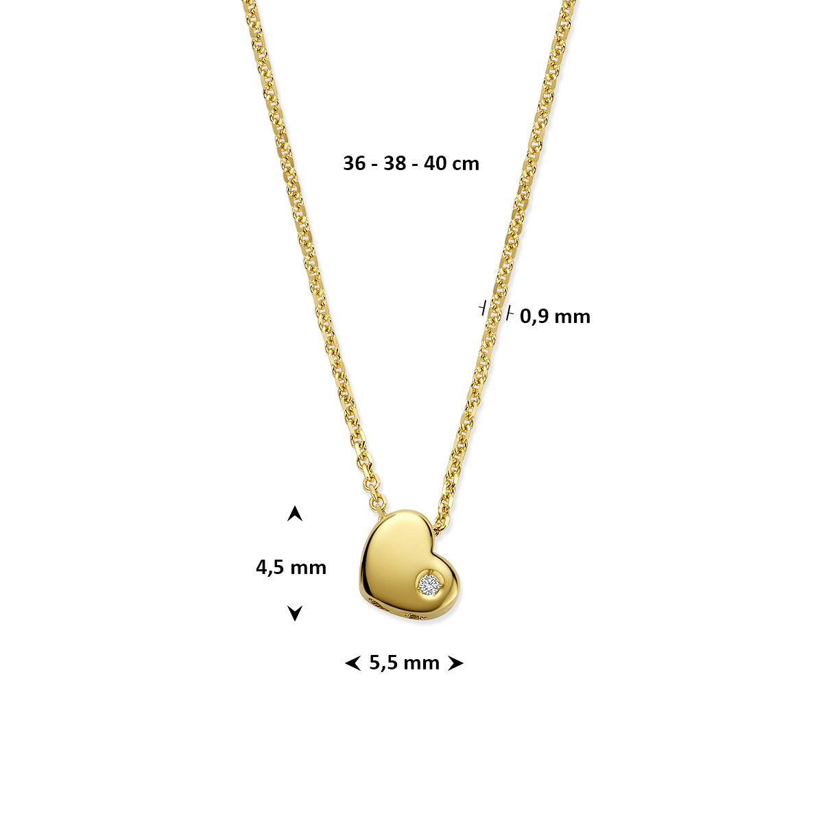 Gouden ketting met hartjes hanger en 0.01 crt lab grown diamant - Lengte 36-38-40 cm