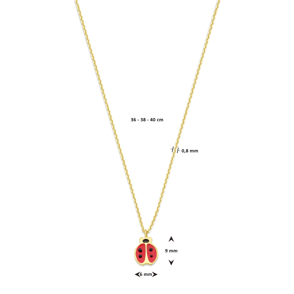 Gouden ketting met lieveheersbeestje van goud en emaille - Lengte 36 cm, 38 cm en 40 cm