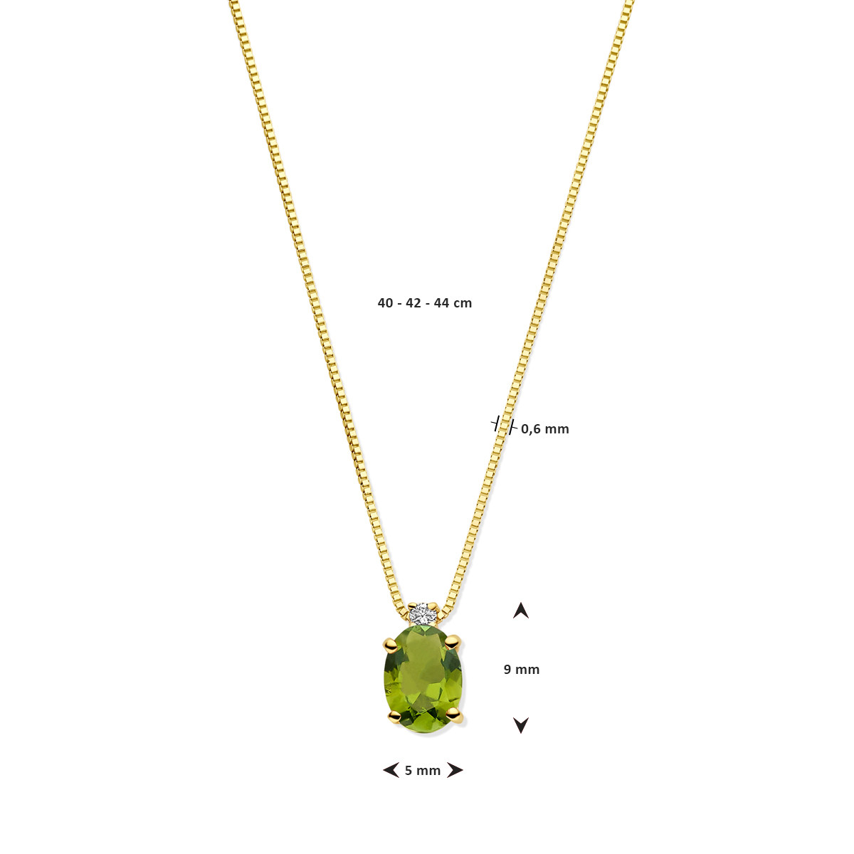 Gouden ketting met ovale groene toermalijn en 0.02 crt diamant - Lengte 40-42-44 cm
