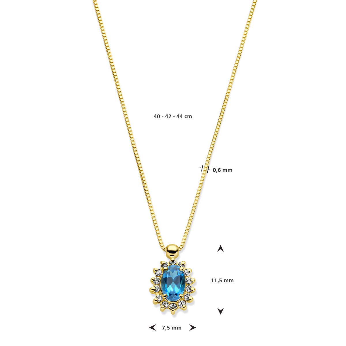 Gouden ketting met ovale London blue topaas en 0.11 crt diamant - Lengte 40-42-44 cm