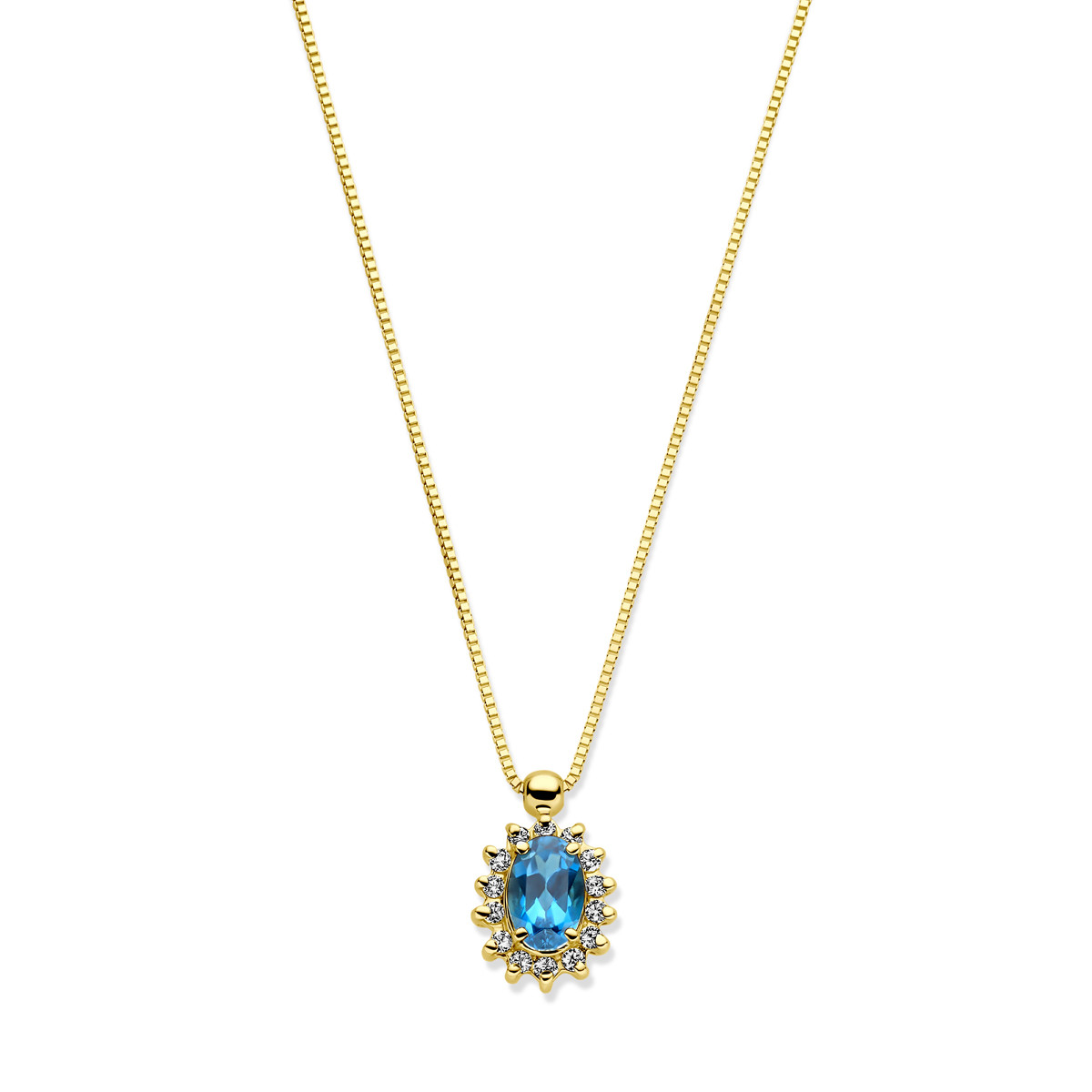 Gouden ketting met ovale London blue topaas en 0.11 crt diamant - Lengte 40-42-44 cm