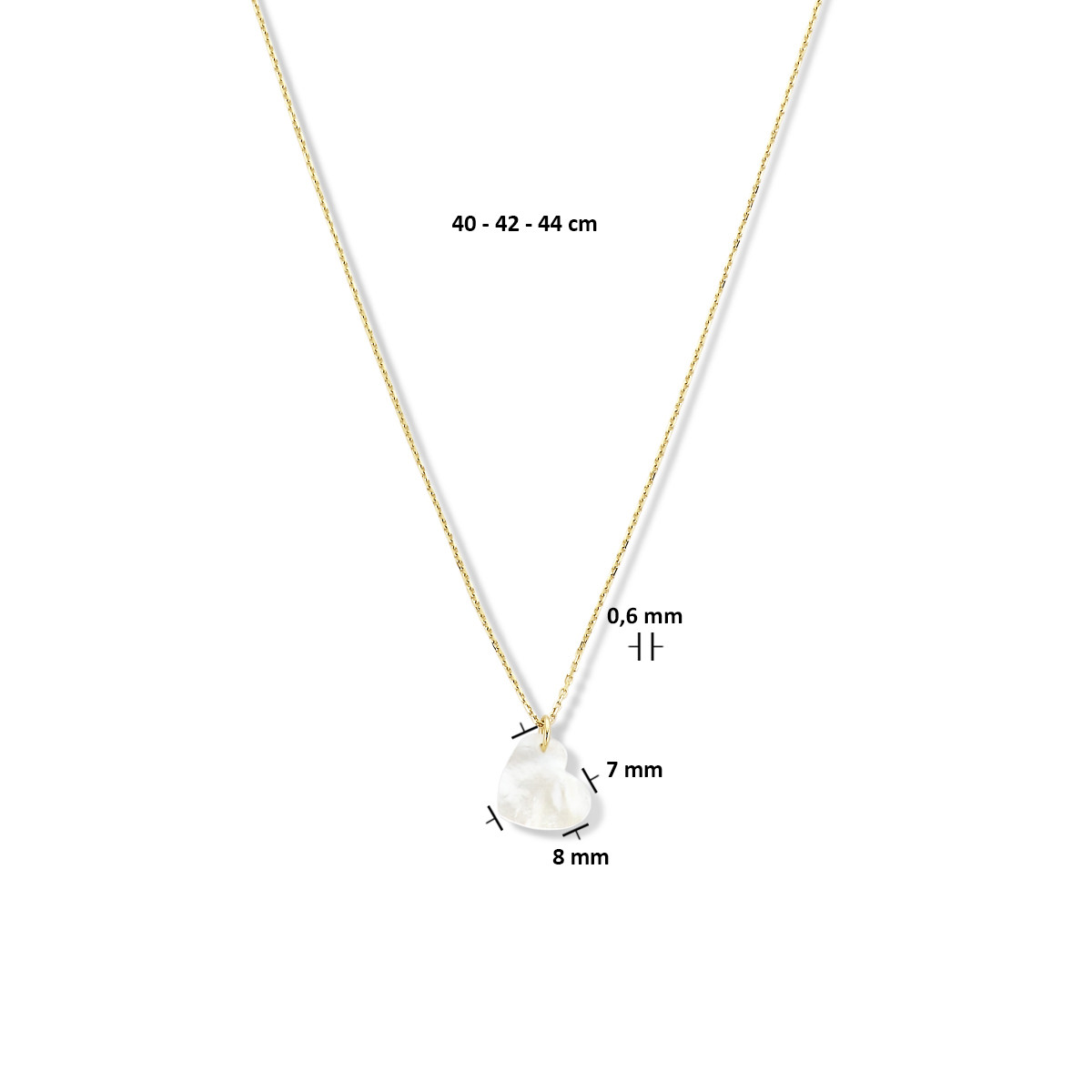 Gouden ketting met parelmoer hartje - Lengte 40-42-44 cm