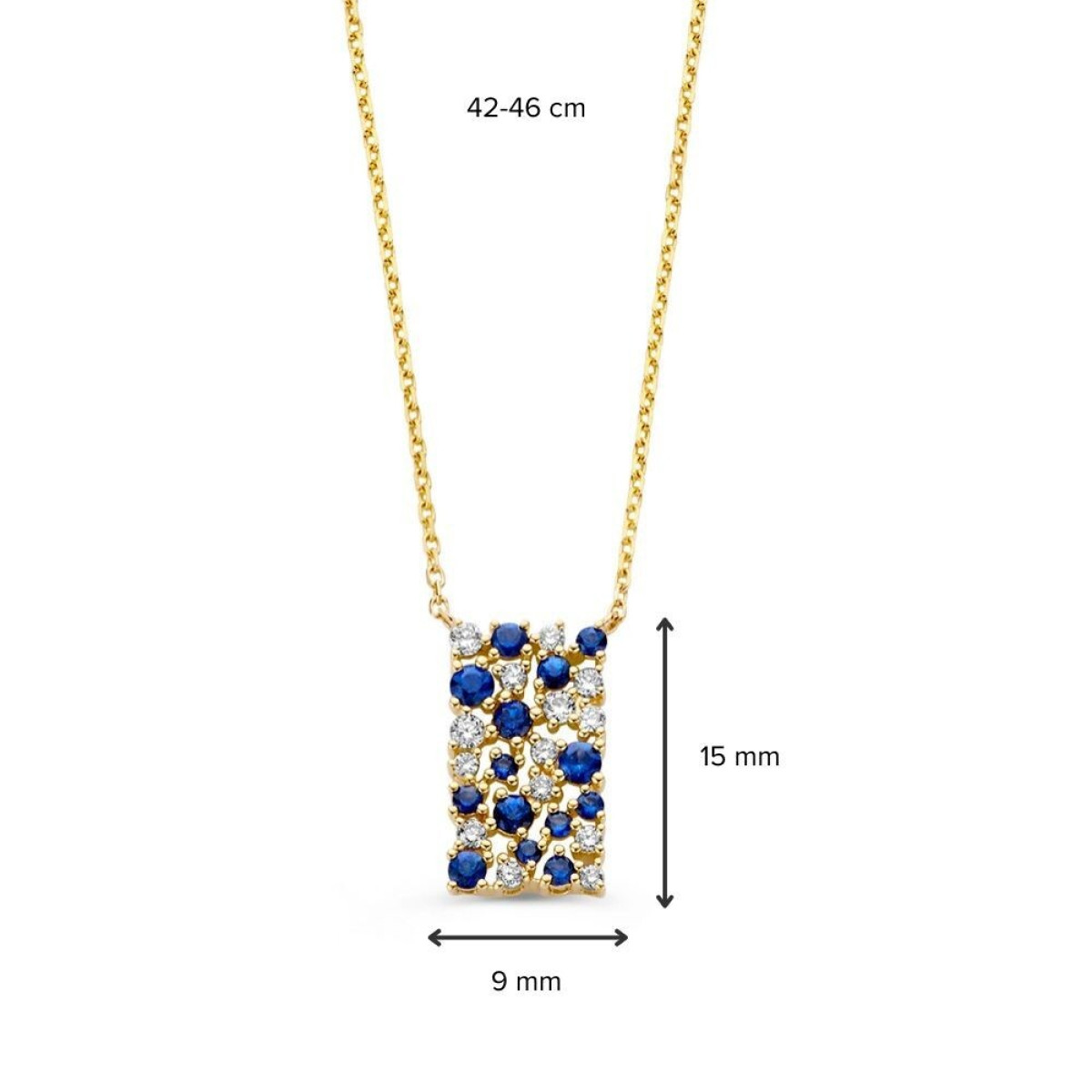Gouden ketting met rechthoekige hanger van saffier en diamanten 0.21 crt - Lengte 43,46 cm