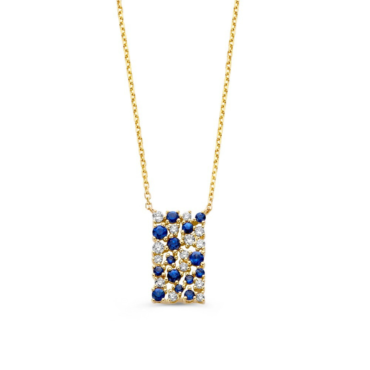 Gouden ketting met rechthoekige hanger van saffier en diamanten 0.21 crt - Lengte 43,46 cm