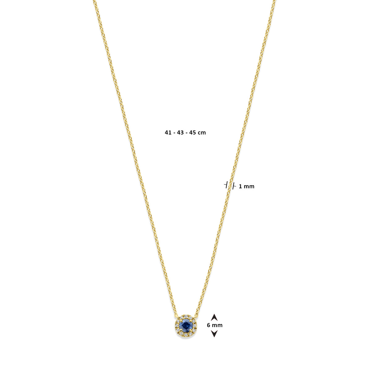 Gouden ketting met ronde hanger van blauwe saffier en diamant 0.04 crt - Lengte 41 cm, 43 cm, 45 cm