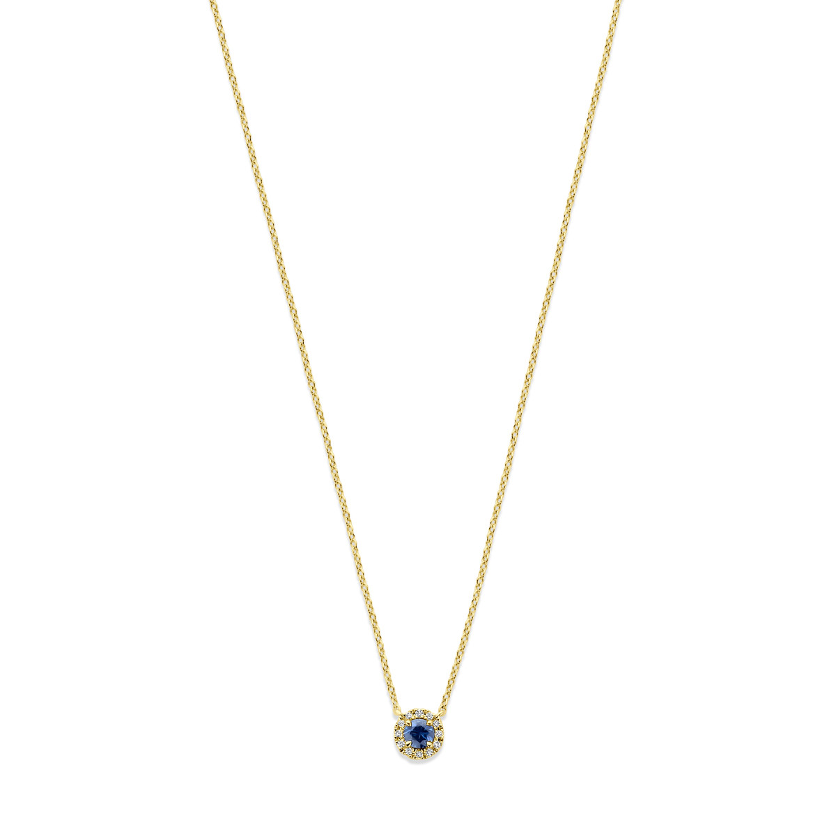 Gouden ketting met ronde hanger van blauwe saffier en diamant 0.04 crt - Lengte 41 cm, 43 cm, 45 cm