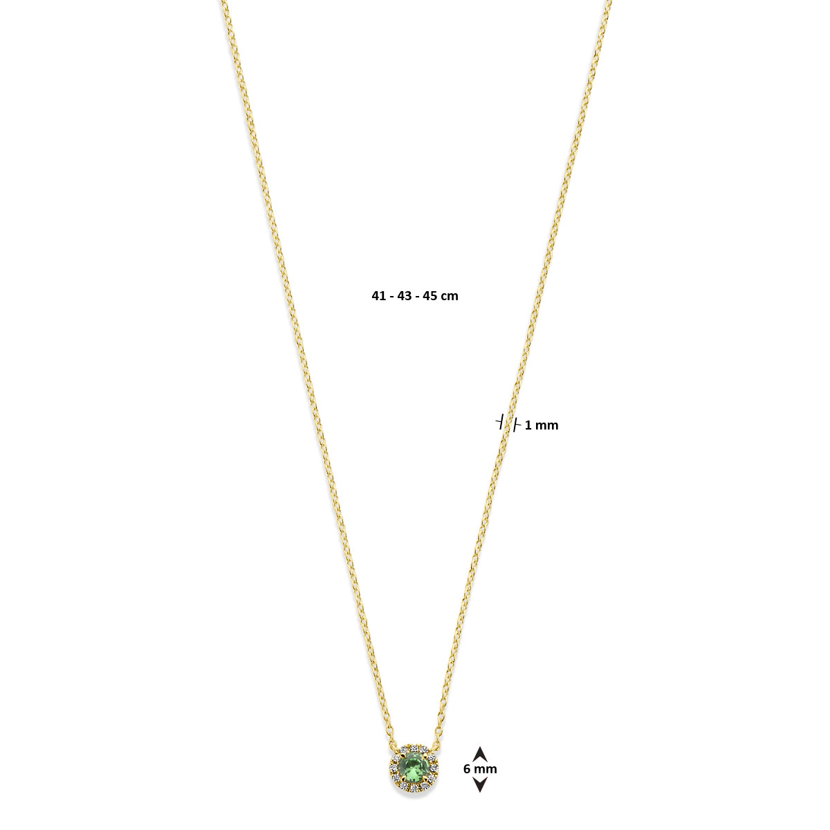 Gouden ketting met ronde hanger van groene tsavoriet en diamant 0.04 crt - Lengte 41 cm, 43 cm, 45 cm