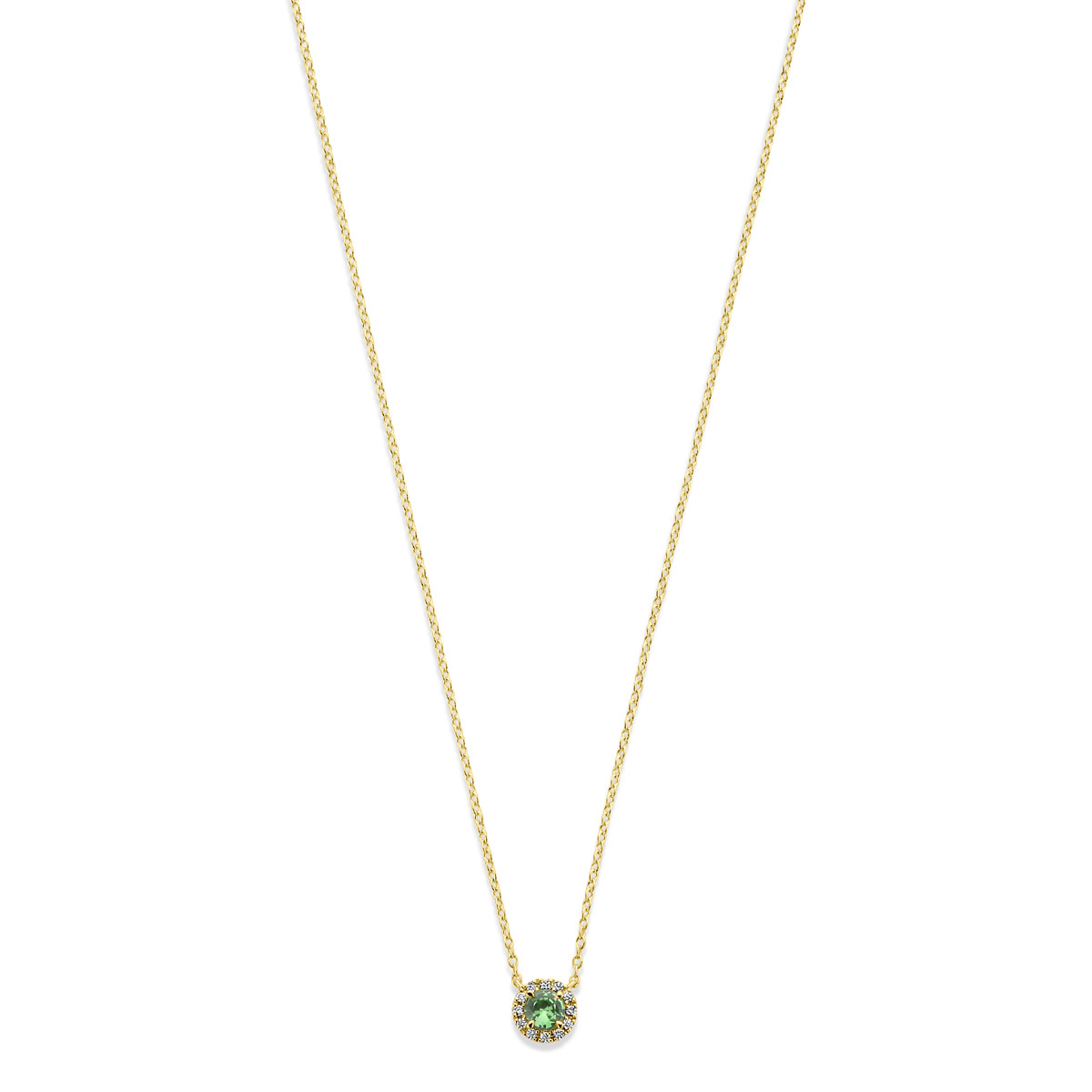 Gouden ketting met ronde hanger van groene tsavoriet en diamant 0.04 crt - Lengte 41 cm, 43 cm, 45 cm