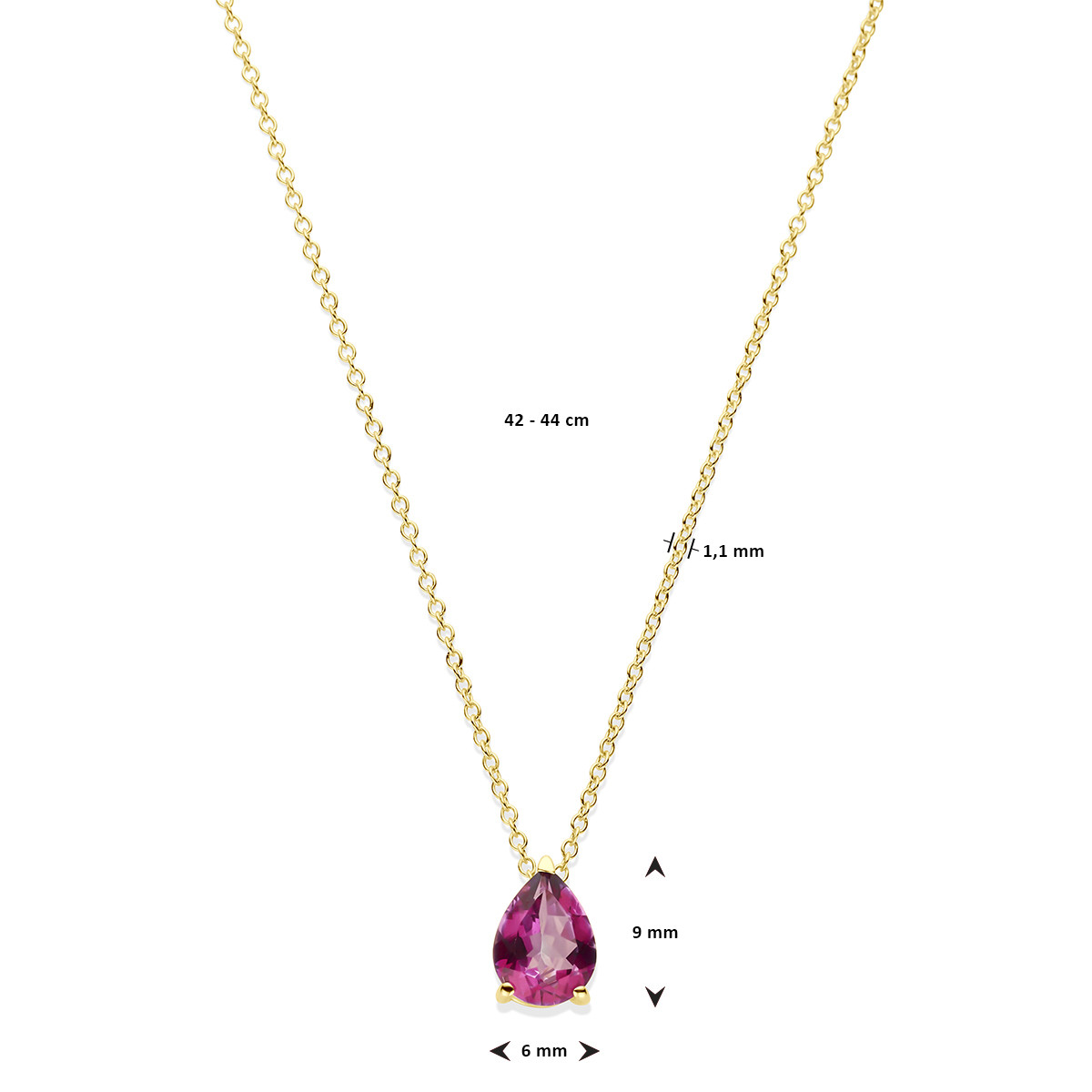 Gouden ketting met roze topaas in druppelvorm 6 mm x 9 mm - Lengte 42-44 cm
