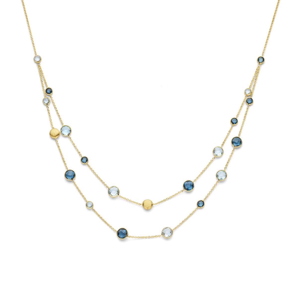 Gouden ketting met twee lagen en blauwe topaas edelstenen - Lengte 45 cm