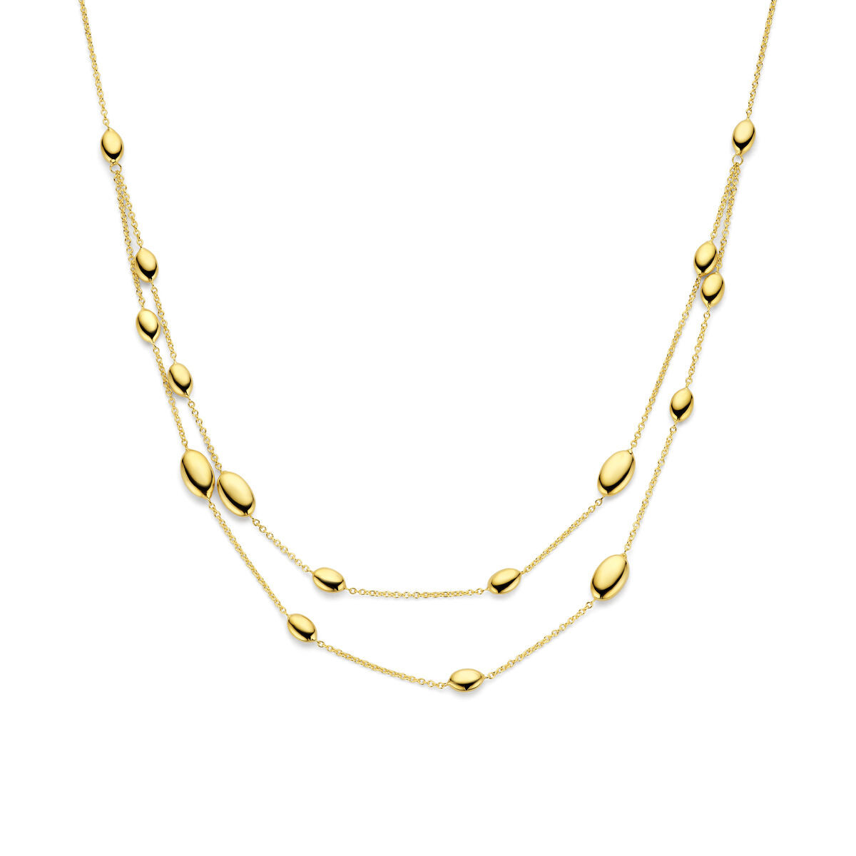Gouden ketting met twee lagen en glanzende ovaaltjes - Lengte 45 cm