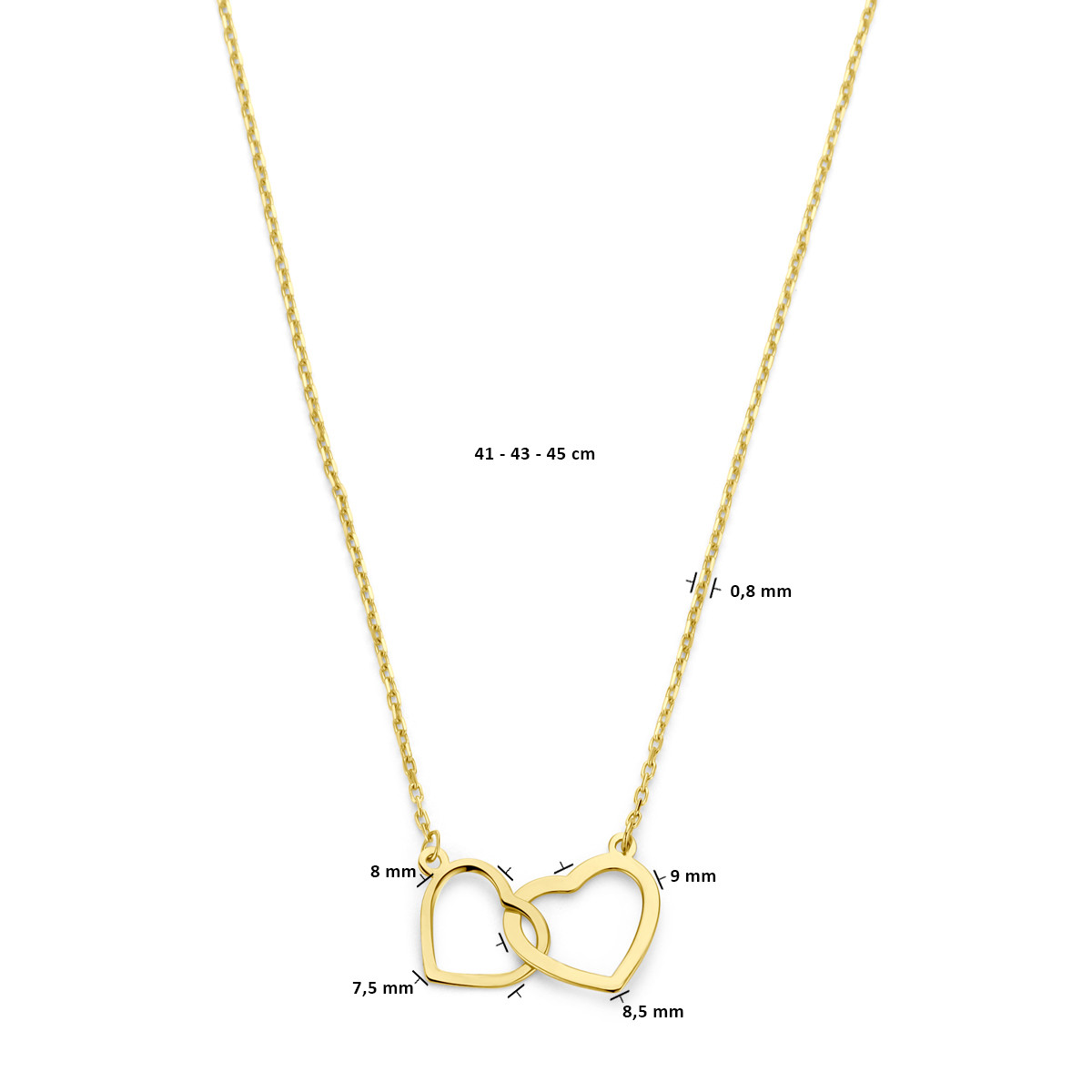 Gouden ketting met twee open en verweven hartjes - Lengte 41-43-45 cm