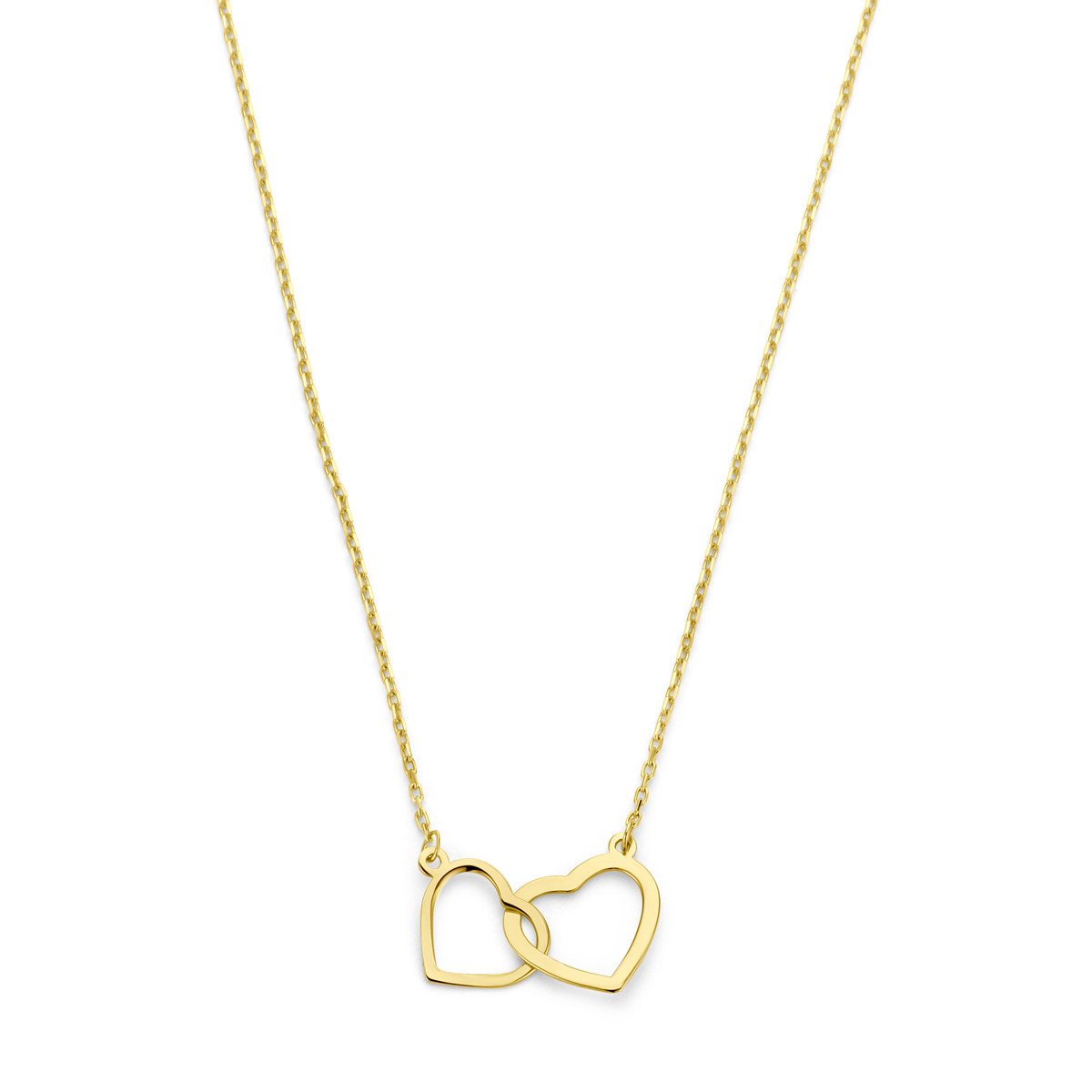 Gouden ketting met twee open en verweven hartjes - Lengte 41-43-45 cm