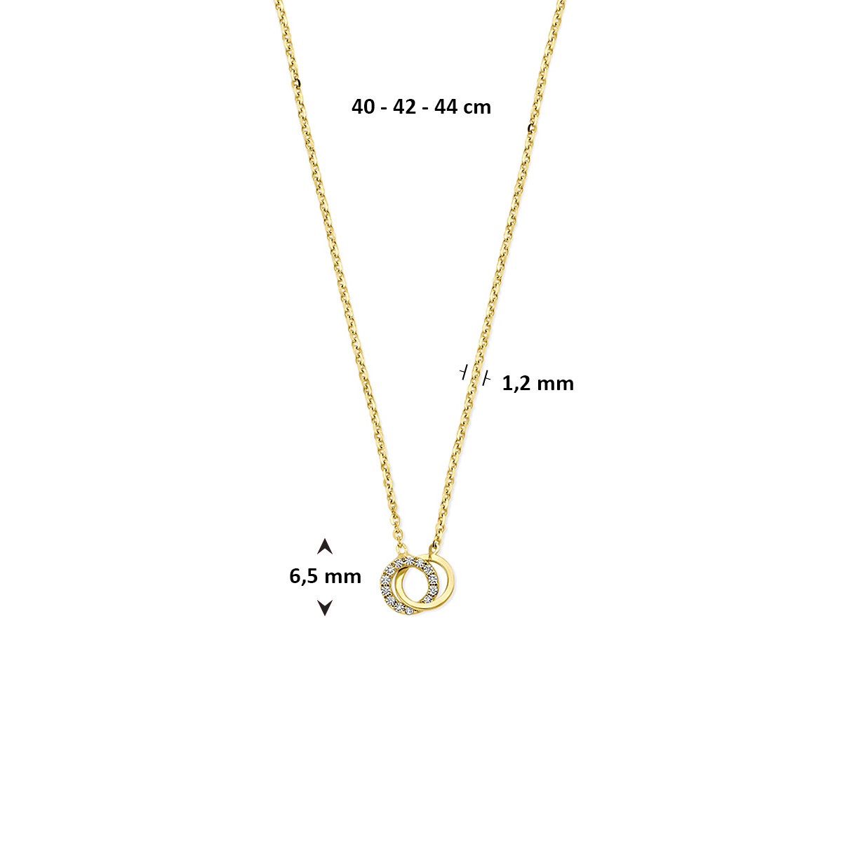 Gouden ketting met twee ronde hangers en transparante zirkonia - Lengte 40-42-44 cm