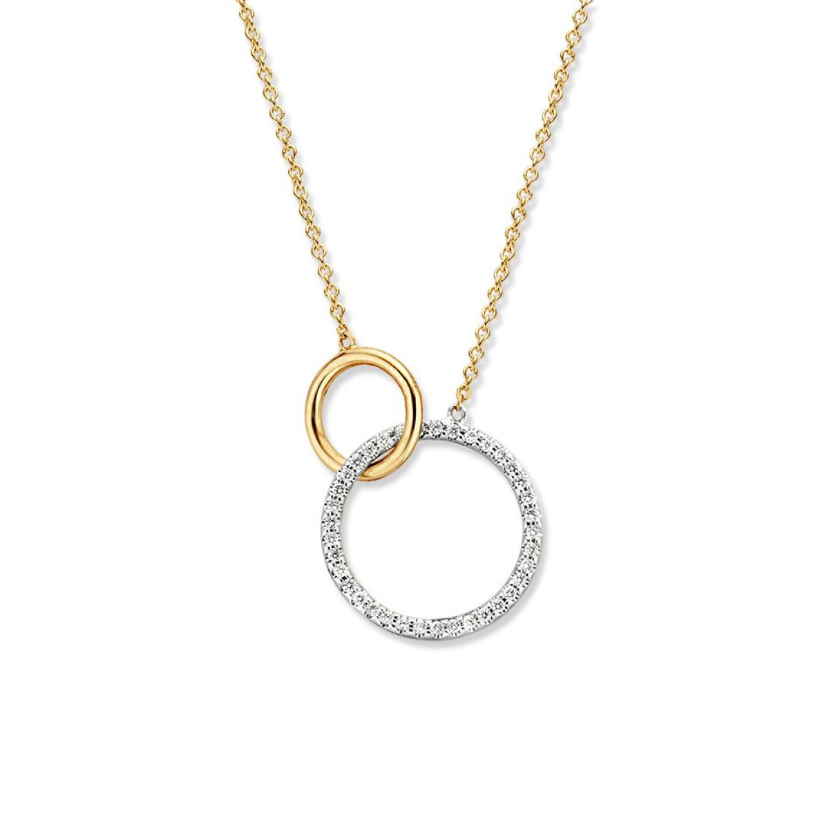 Gouden ketting met verbonden cirkels en diamant 0.11 crt