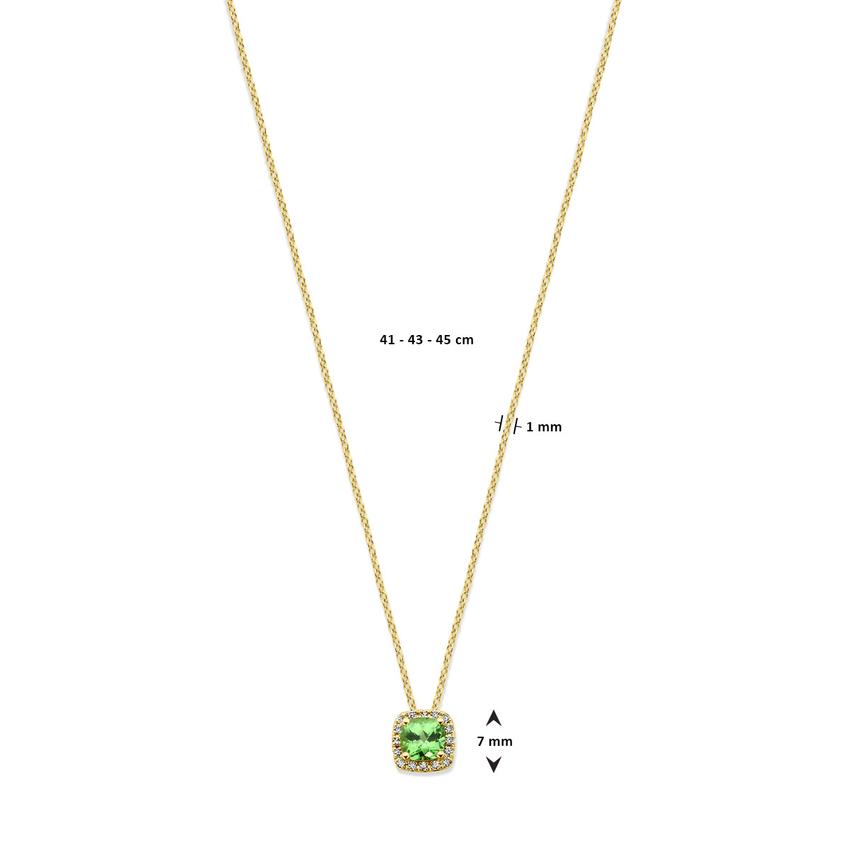 Gouden ketting met vierkante hanger van groene tsavoriet en diamant 0.07 crt - Lengte 41 cm, 43 cm, 45 cm