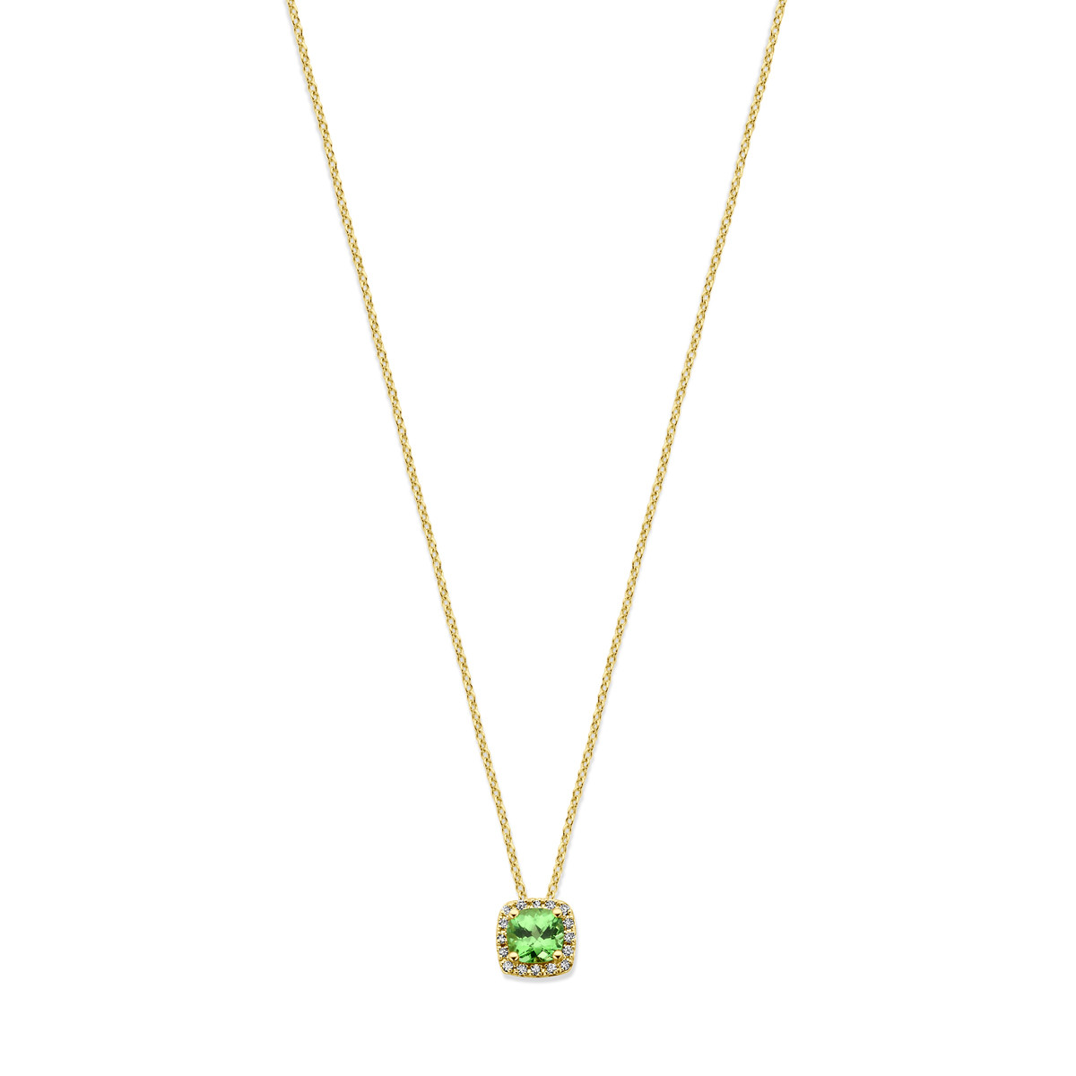 Gouden ketting met vierkante hanger van groene tsavoriet en diamant 0.07 crt - Lengte 41 cm, 43 cm, 45 cm