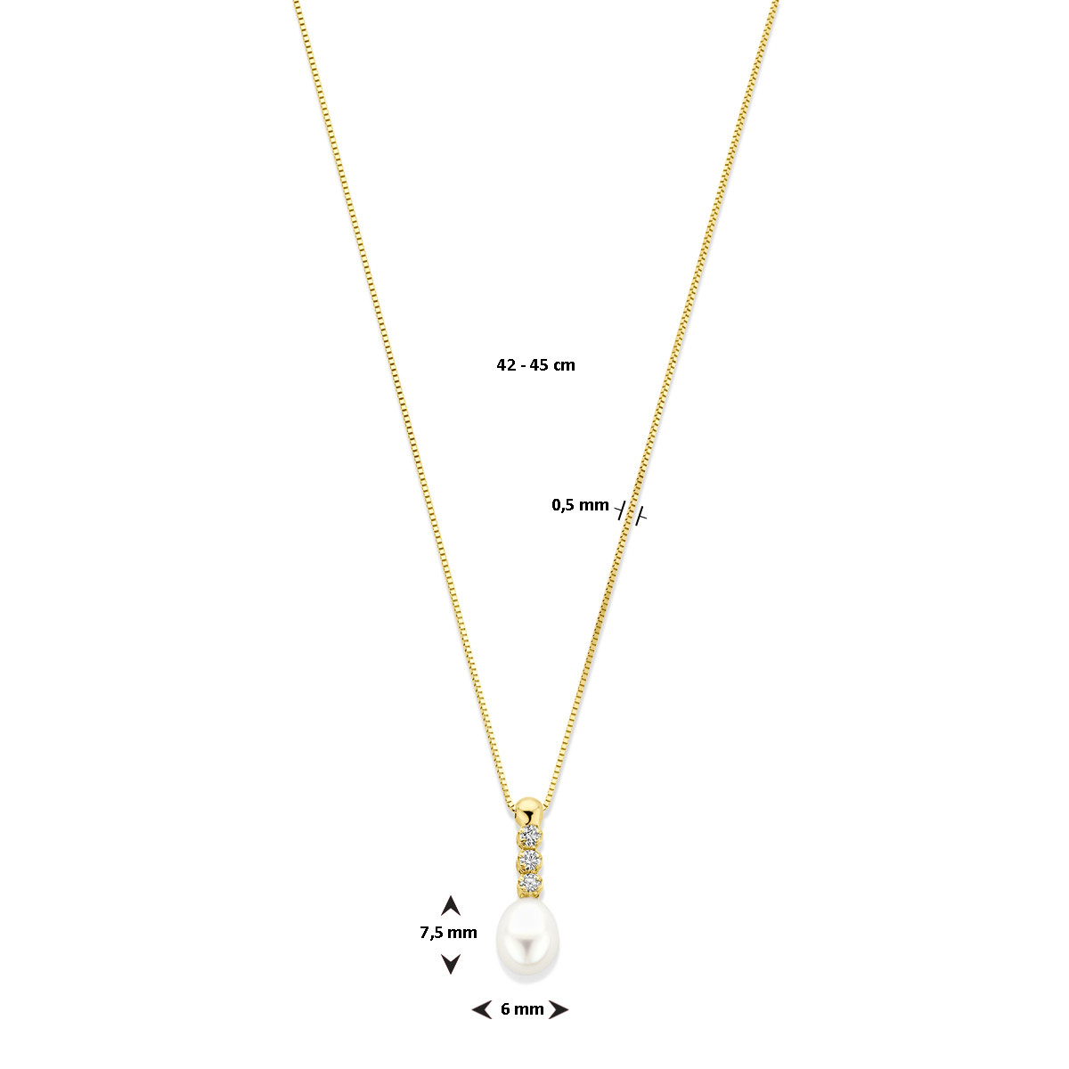 Gouden ketting met zirkonia en parel hanger - Lengte 42 cm, 45 cm