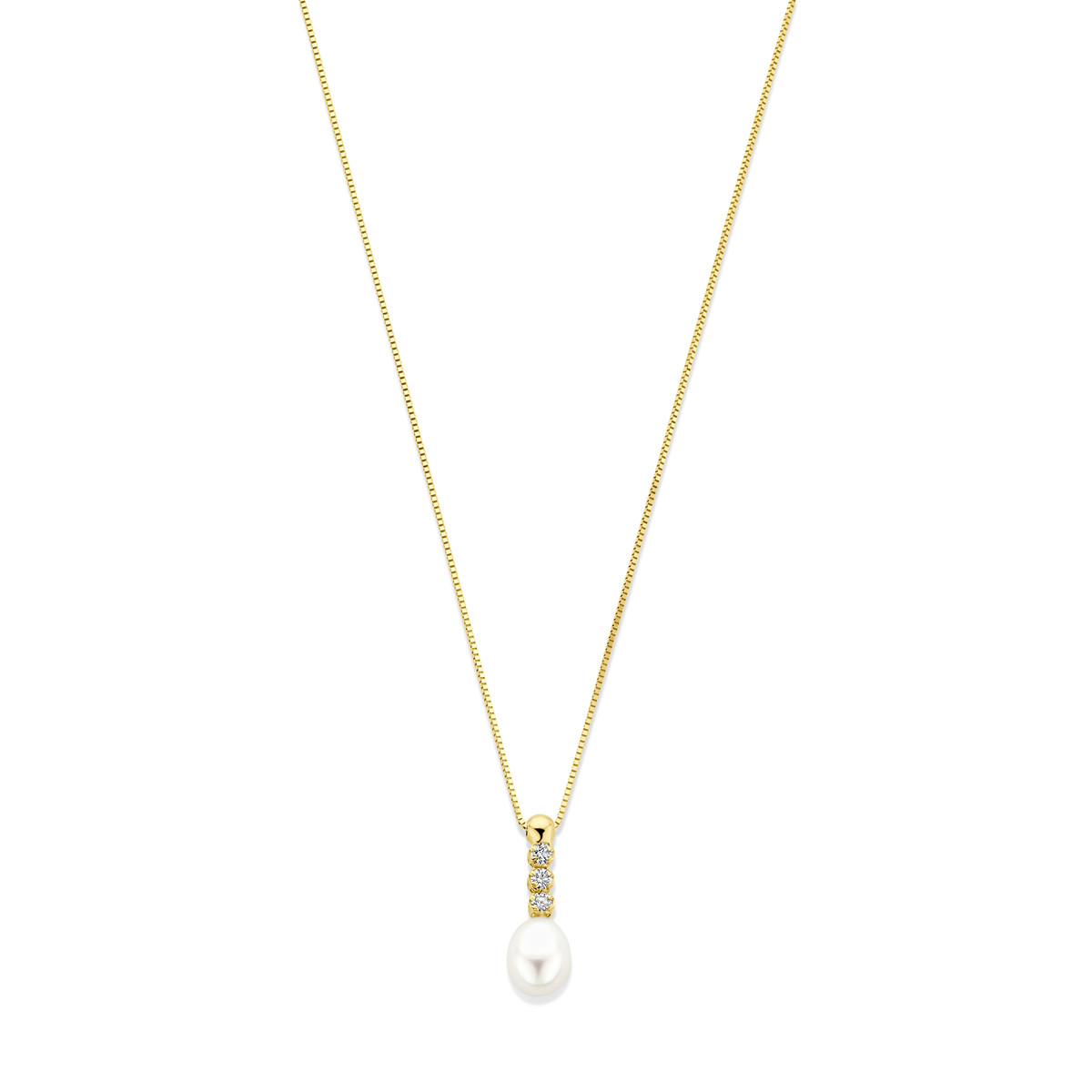 Gouden ketting met zirkonia en parel hanger - Lengte 42 cm, 45 cm