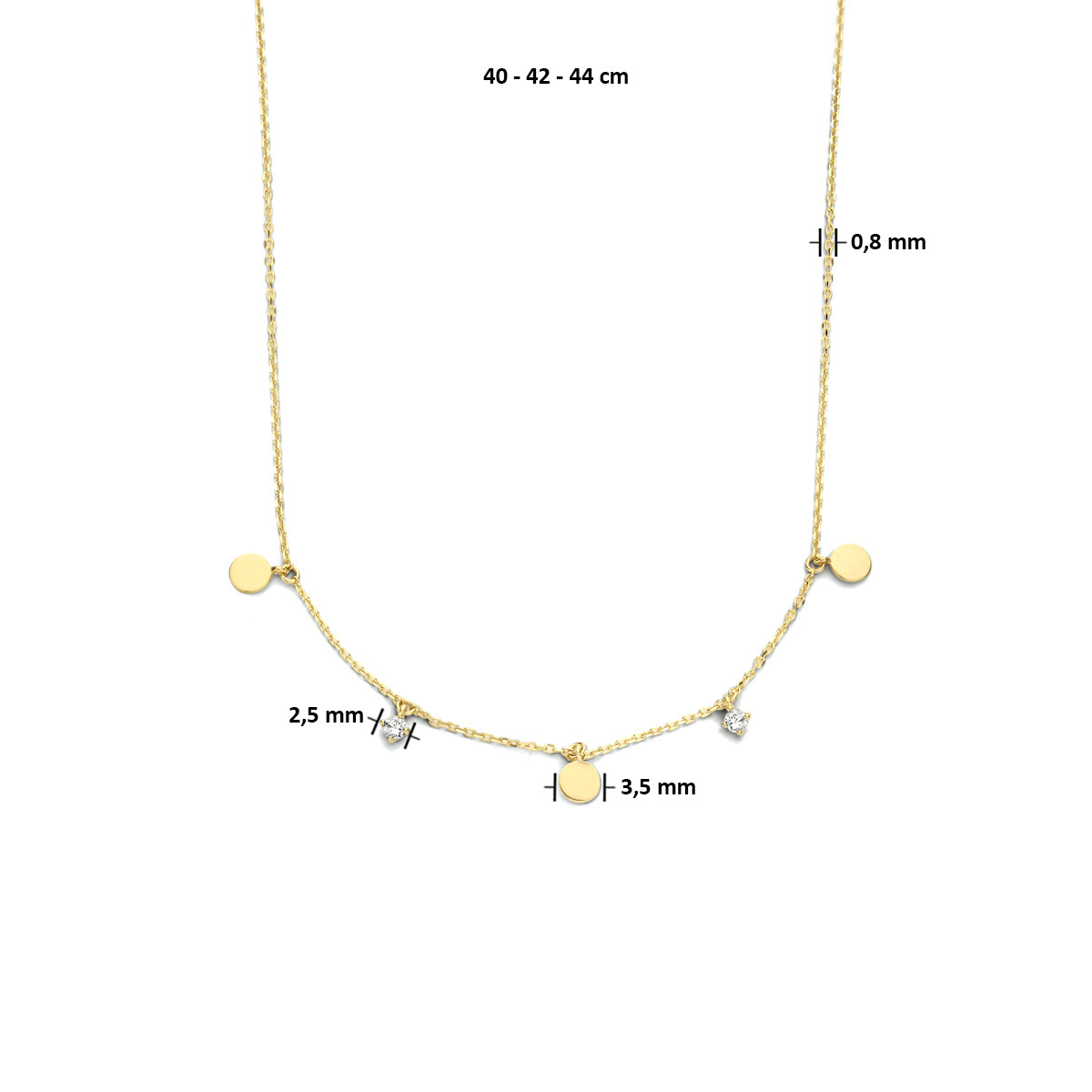 Gouden kettinkje met zirkonia en ronde hangers glanzend afgewerkt - Lengte 40-42-44 cm