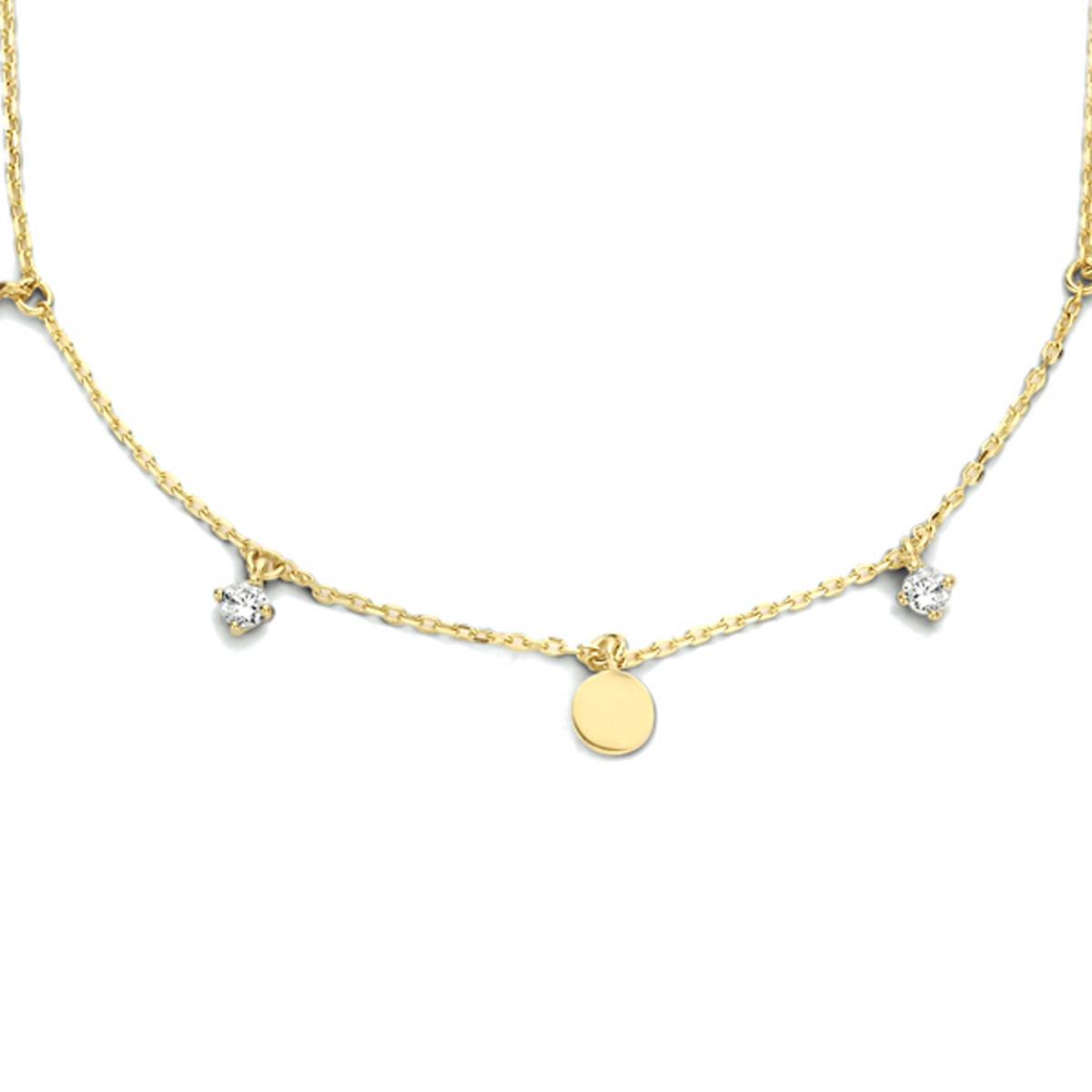 Gouden kettinkje met zirkonia en ronde hangers glanzend afgewerkt - Lengte 40-42-44 cm