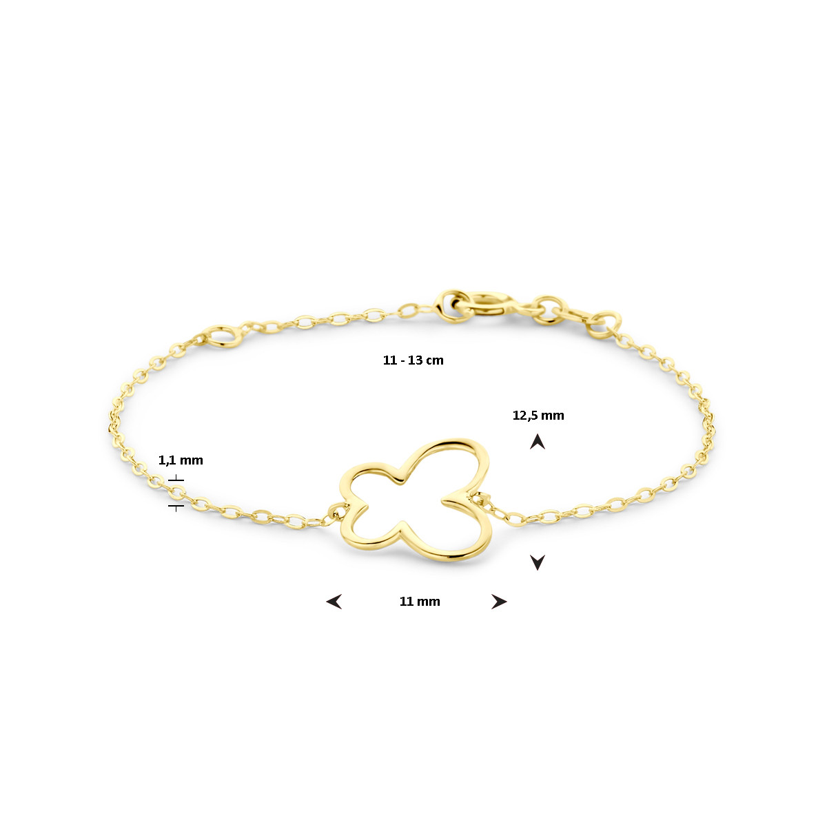 Gouden kinder armband met opengewerkt vlindertje - Lengte 11 cm, 13 cm