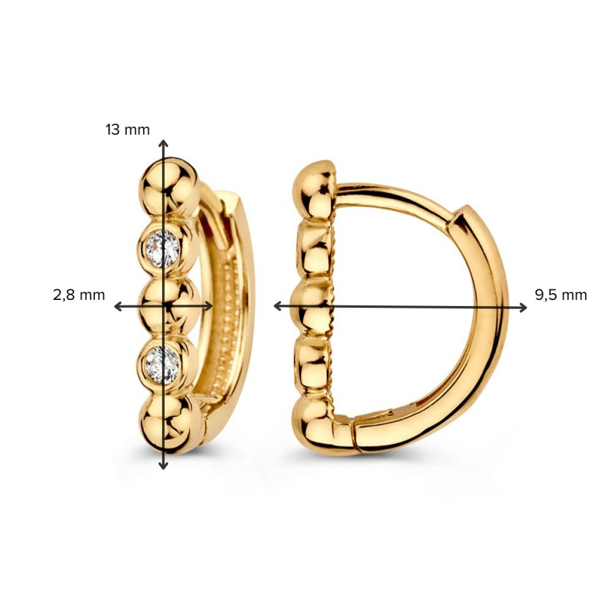 Gouden klapoorringen met halfronde vorm en zirkonia's 2.8 mm breed - Hoogte 13 mm