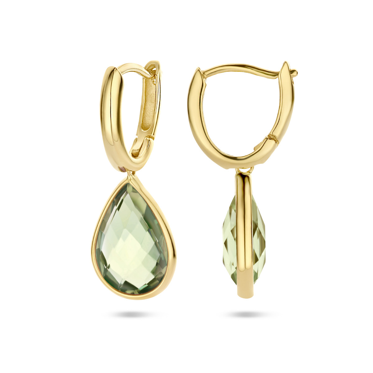 Gouden klapoorringen met groene amethist hanger - 2.6 cm hoog
