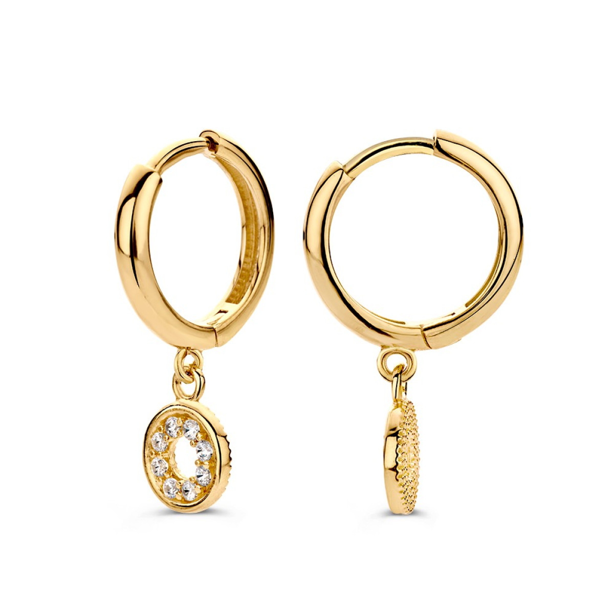 Gouden klapoorringen met ronde zirkonia oorbedels - Hoogte 22 mm