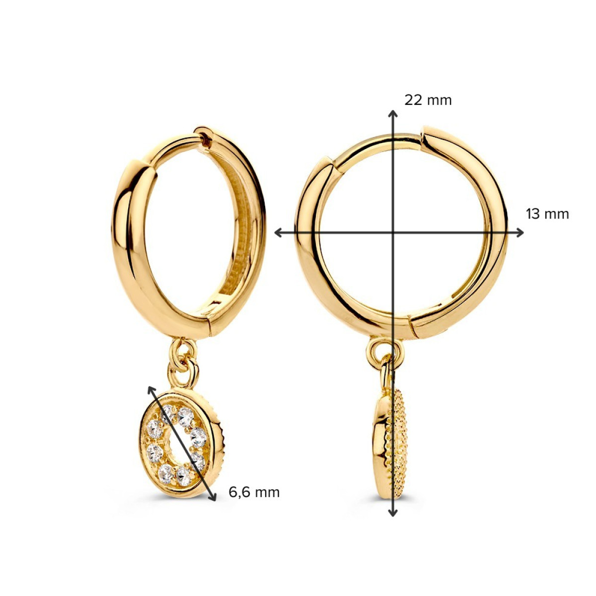 Gouden klapoorringen met ronde zirkonia oorbedels - Hoogte 22 mm