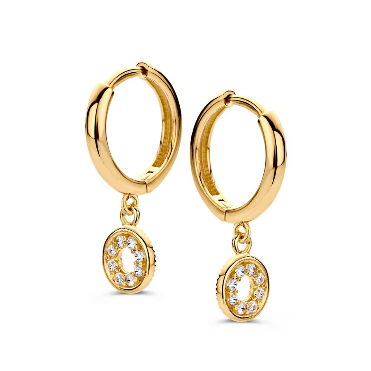 Gouden klapoorringen met ronde zirkonia oorbedels - Hoogte 22 mm