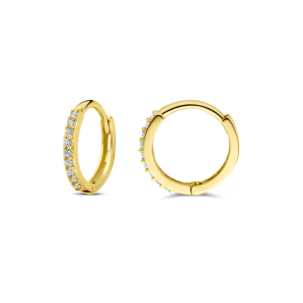 Gouden klapoorringen met transparante zirkonia glanzend – Diameter 10 mm