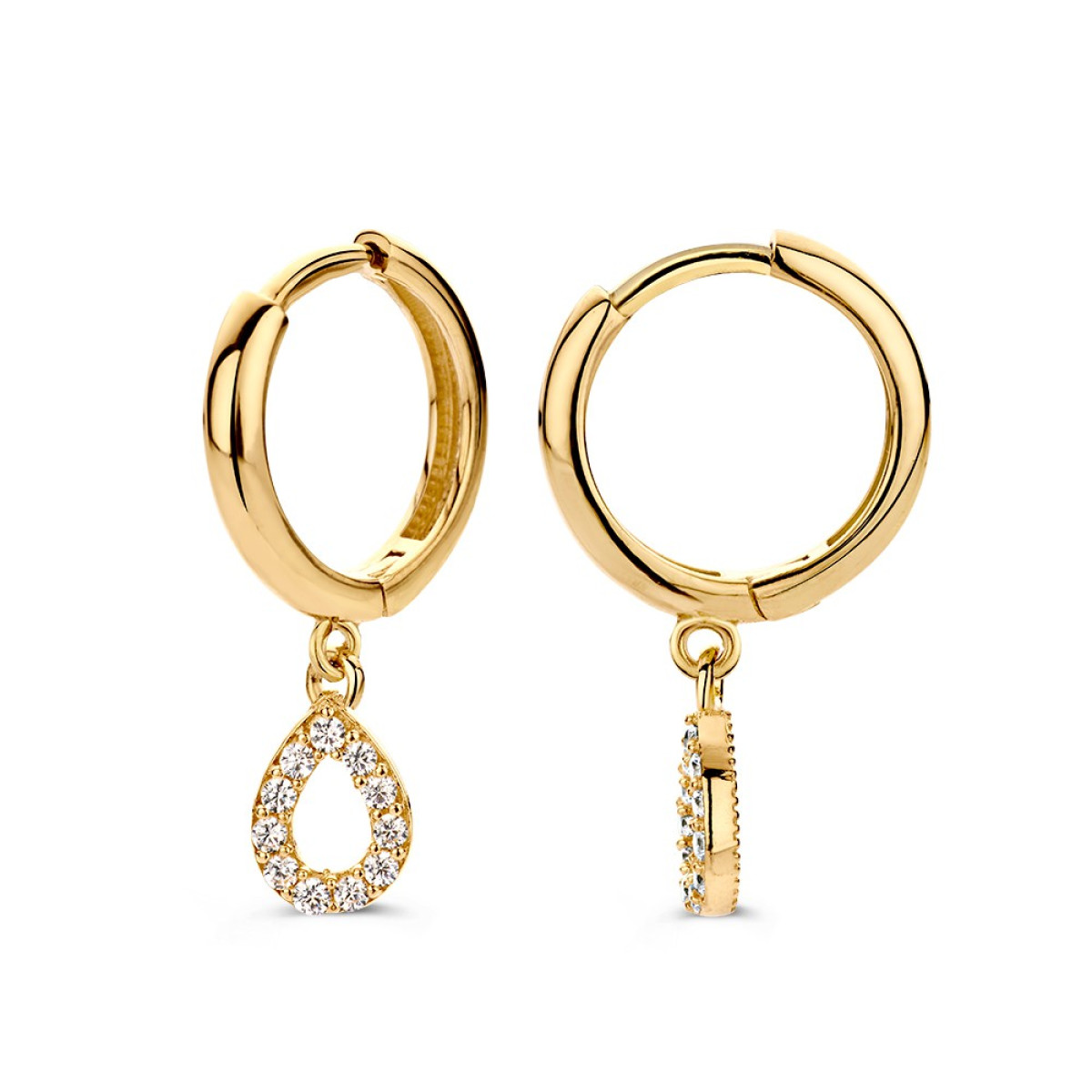 Gouden klapoorringen met zirkonia druppel hangers - Hoogte 22 mm