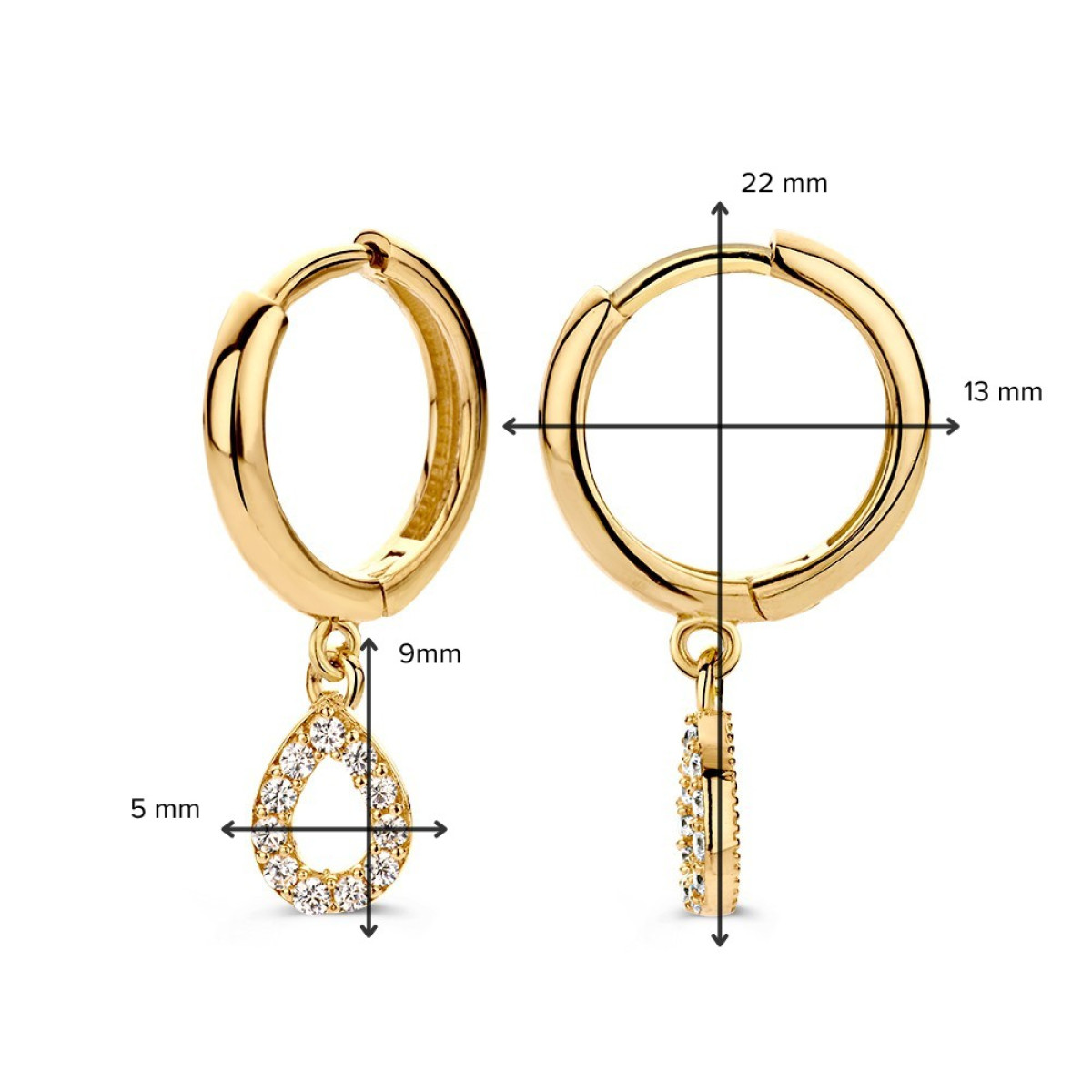 Gouden klapoorringen met zirkonia druppel hangers - Hoogte 22 mm