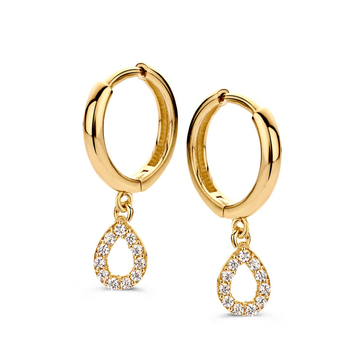 Gouden klapoorringen met zirkonia druppel hangers - Hoogte 22 mm