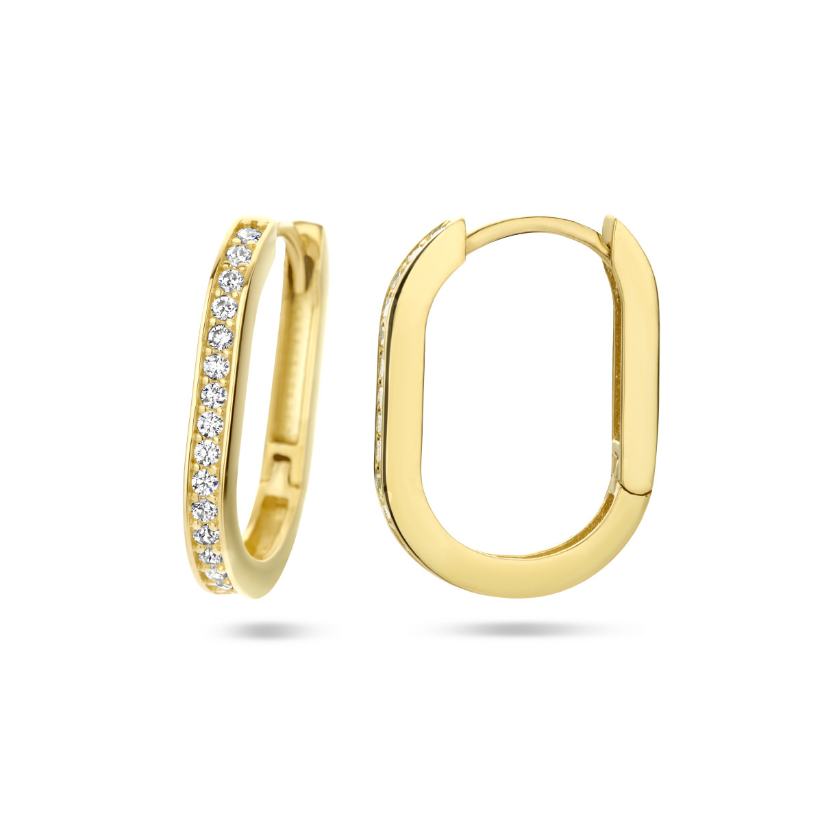 Gouden klapoorringen paperclip met zirkonia 2 mm breed
