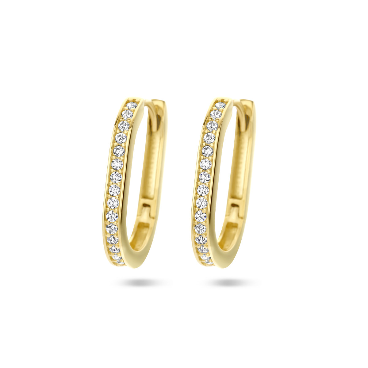 Gouden klapoorringen paperclip met zirkonia 2 mm breed