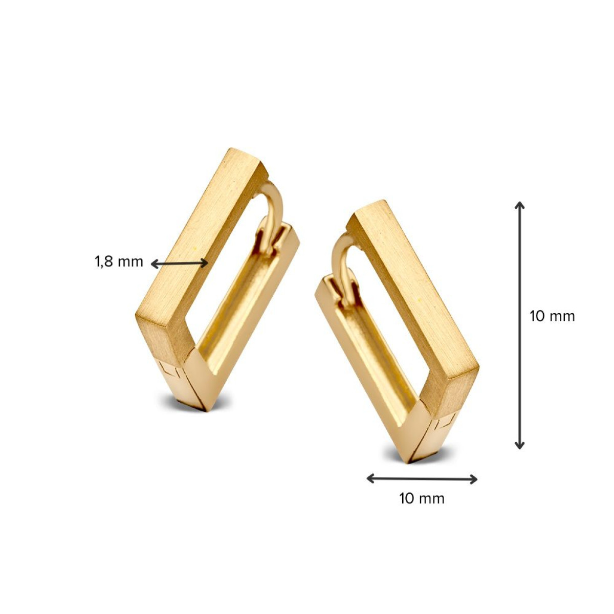 Gouden klapoorringen rechthoeken mat en glanzend 1.8 mm breed - Hoogte 10 mm