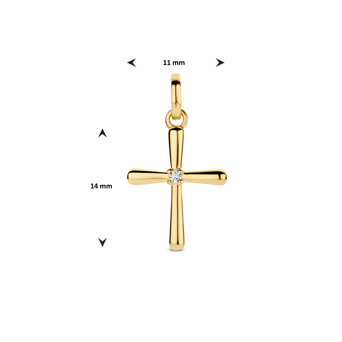 Gouden kruis hanger 14-karaat met diamant 0.01 crt 11 mm breed - Hoogte 14 mm